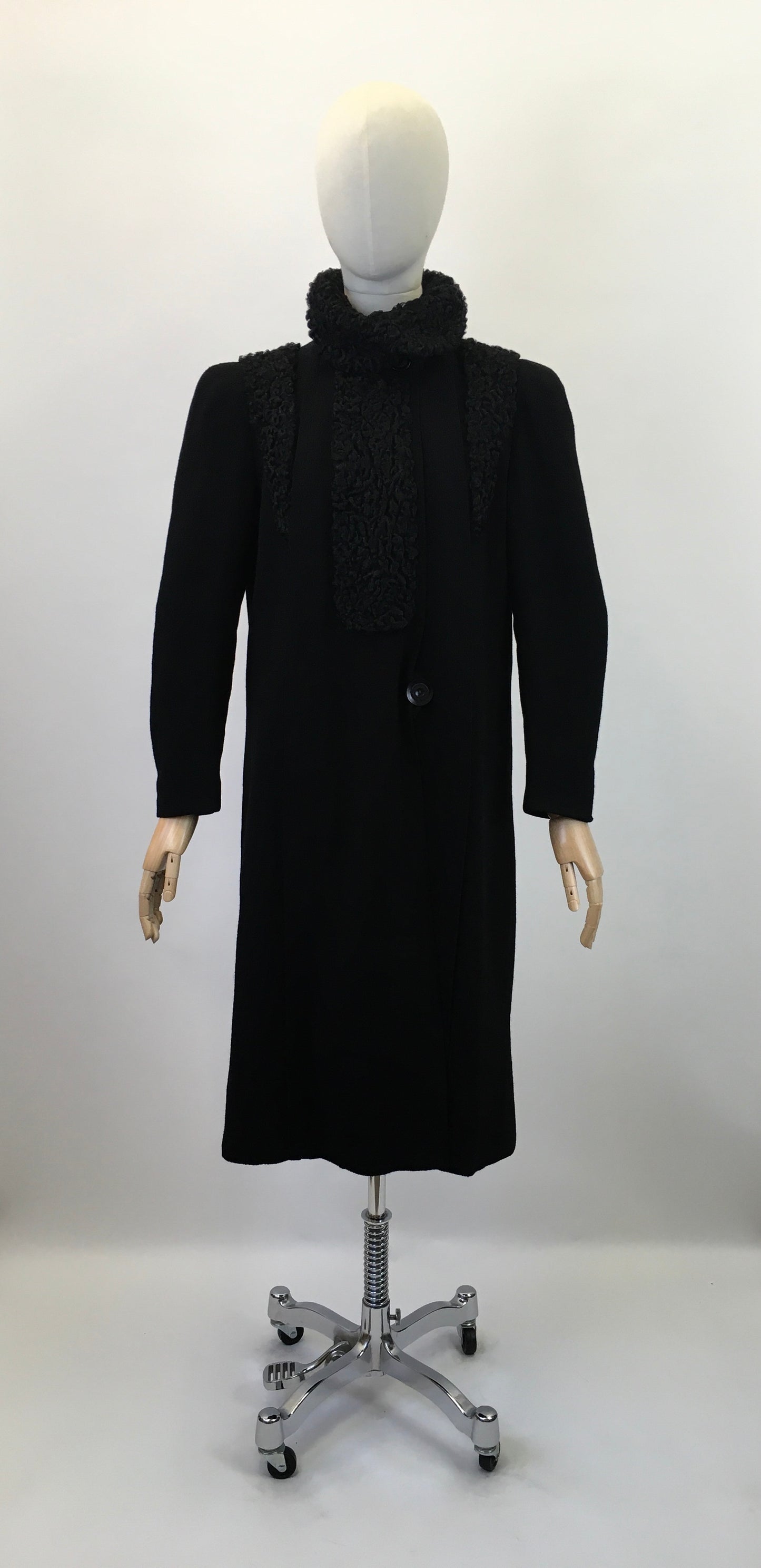 Original 1930's Sensational Black Coat - With Stunning Astrakhan Collar & Yokes