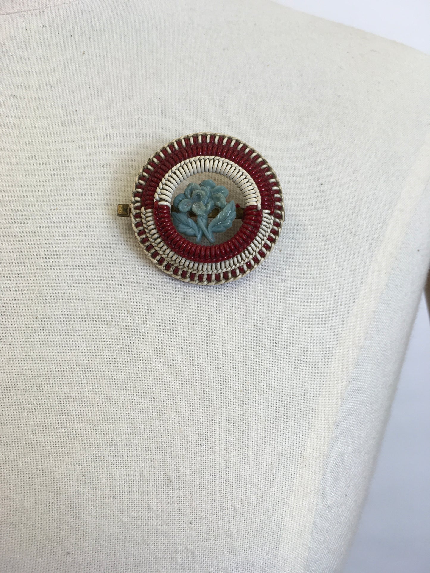 Original 1940’s ‘ Make Do and Mend ‘ Brooch - Red, Cream, Blue Telephone Wire