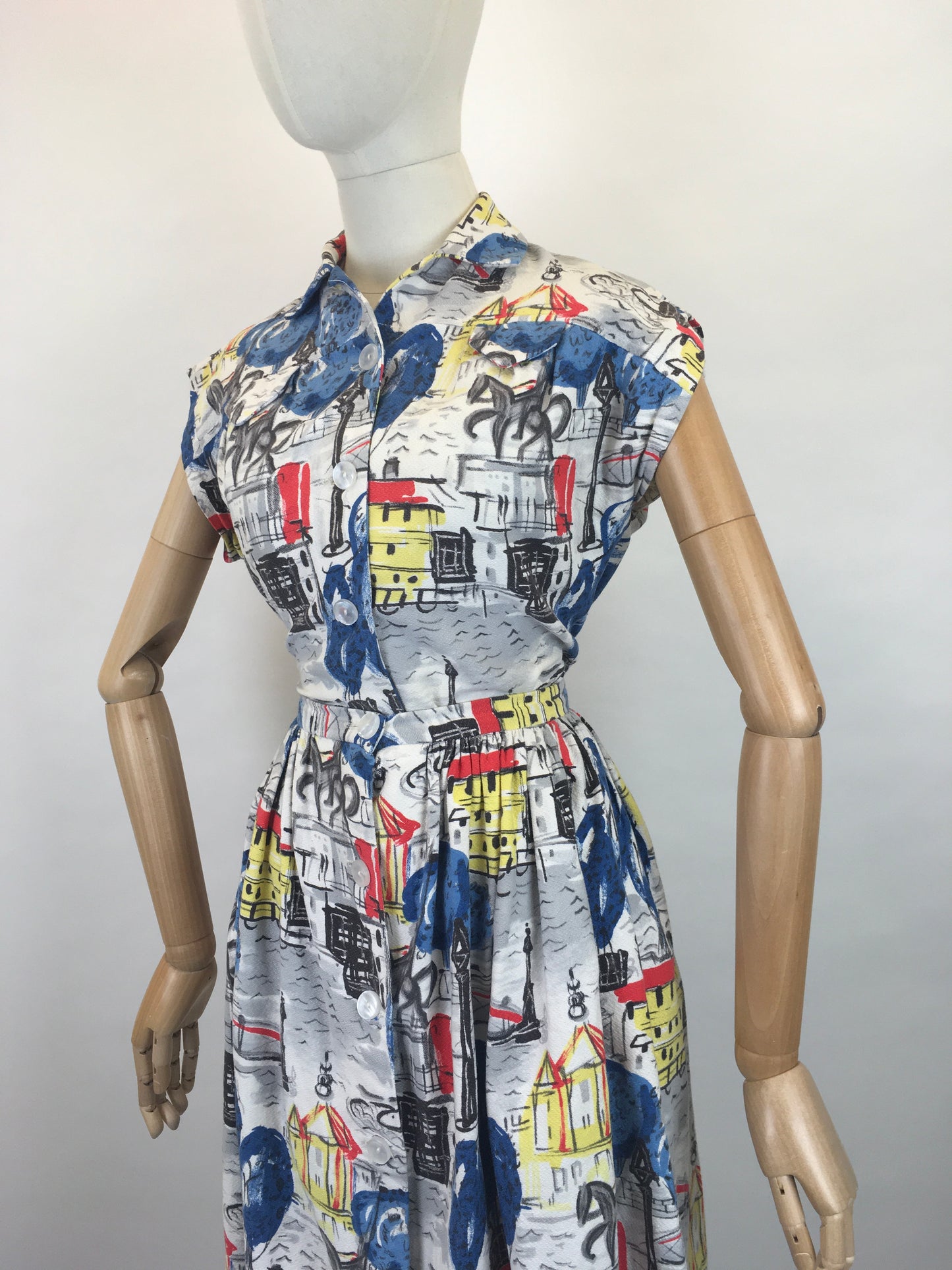 Original 1950s 4 pc Sun Set In Novelty Print Barkcloth - Sun Top, Blouse, Bloomer Shorts and Skirt