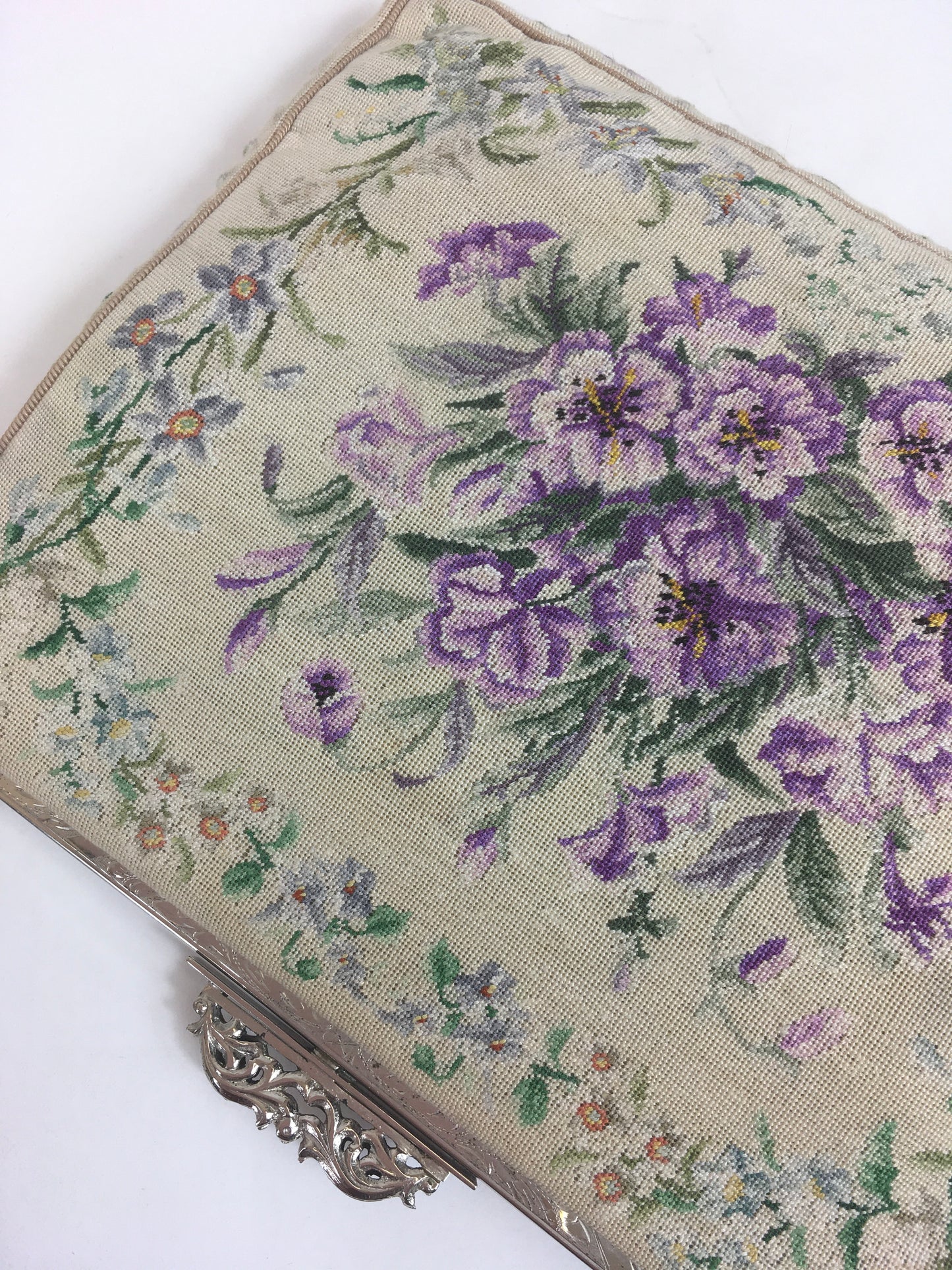 Original 1950’s Floral Tapestry Handbag - By ‘ Harrods’ in Violets, Lilacs and Greens