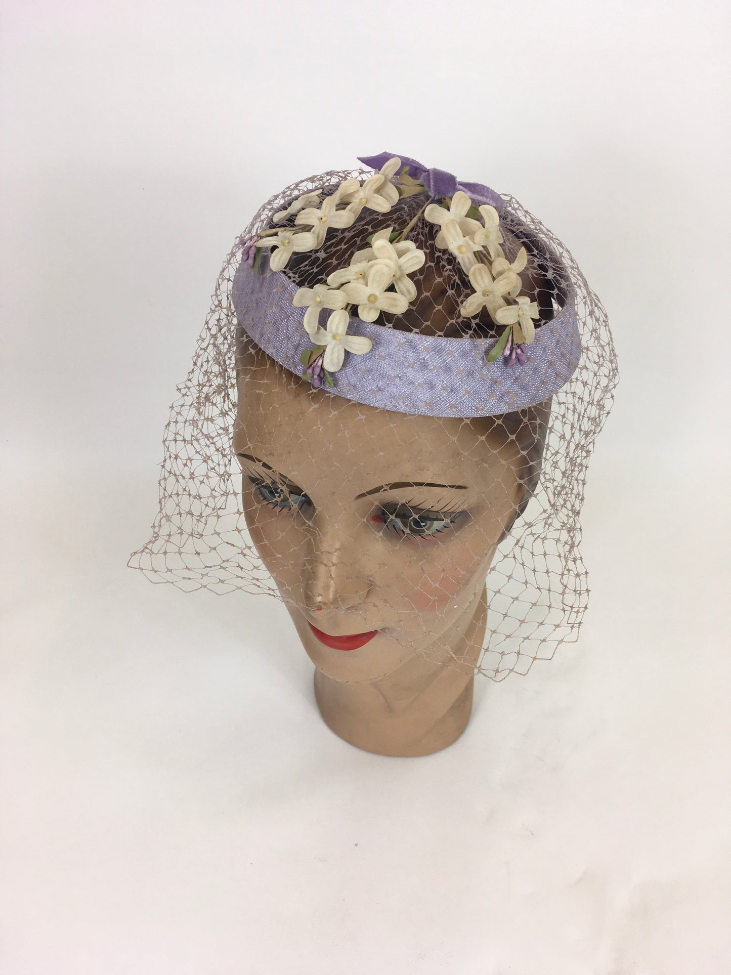 Original 1950’s Soft Lilac Headpiece - With Delicate Ivory Floral Millinery and Powdered Veiling
