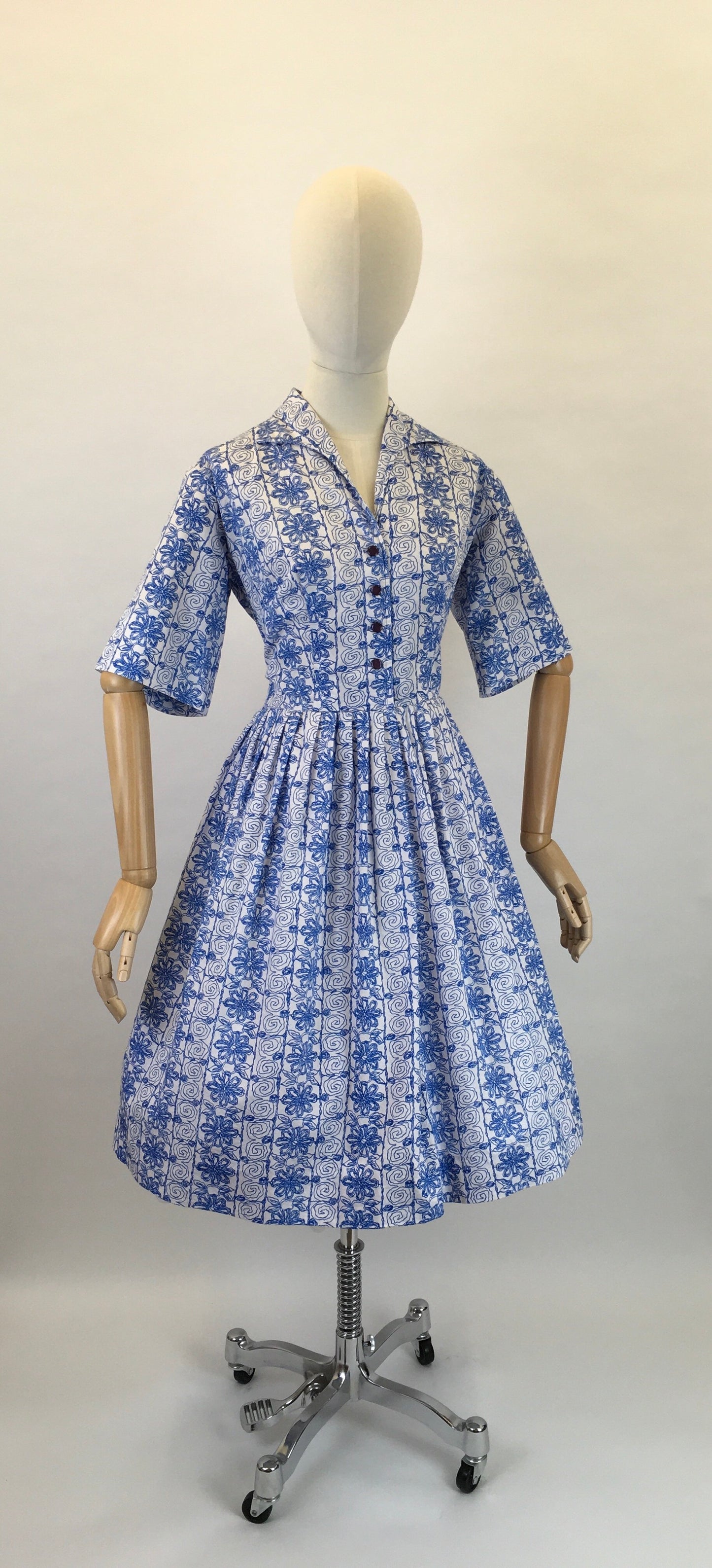 Original 1950s Cotton Day Dress - In a Lovely Cobalt Blue and White Scribble Fabric