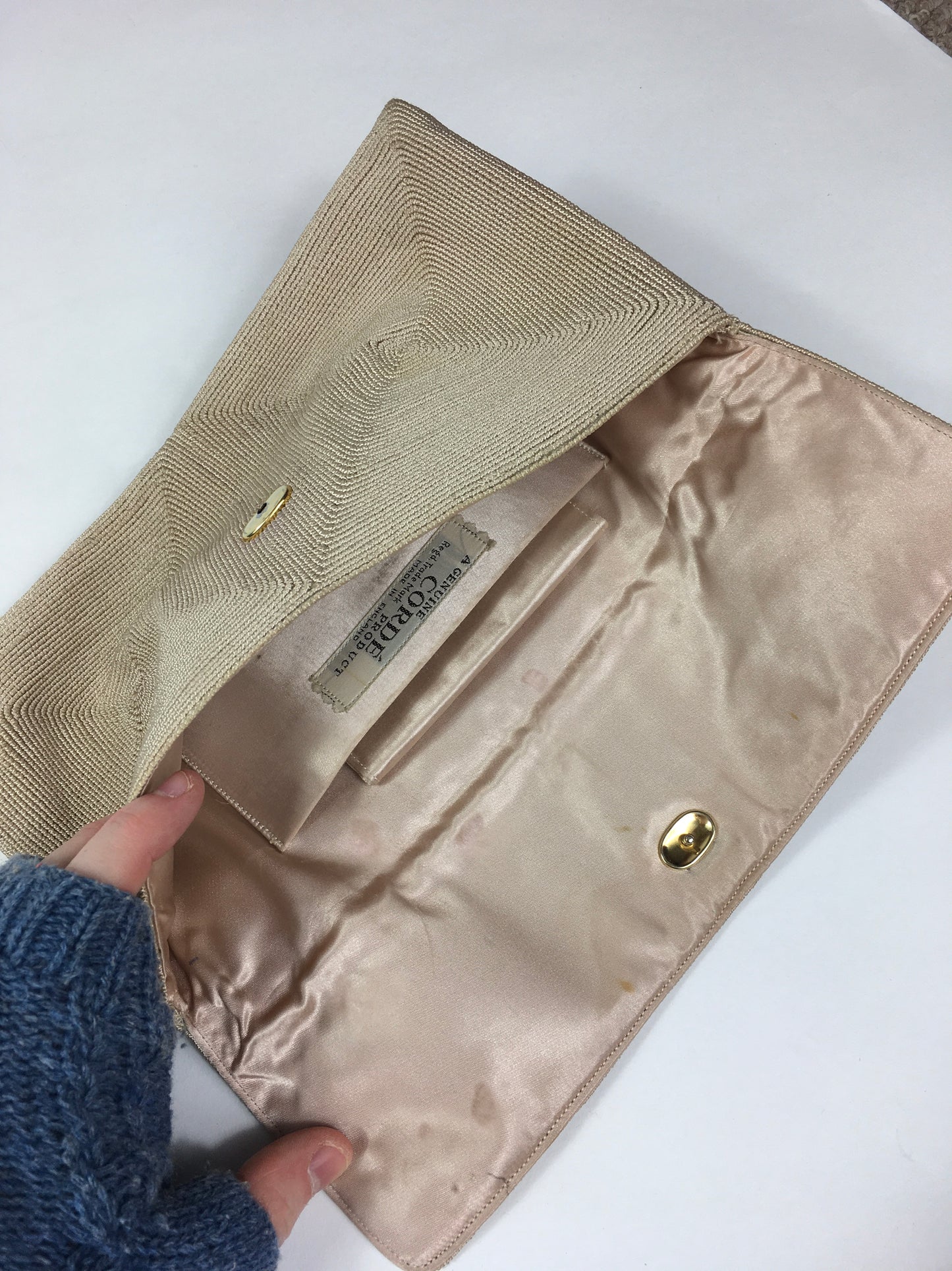 Original 1940’s Beautiful Corde Clutch Bag In Soft Beige - With Internal Purse & Mirror
