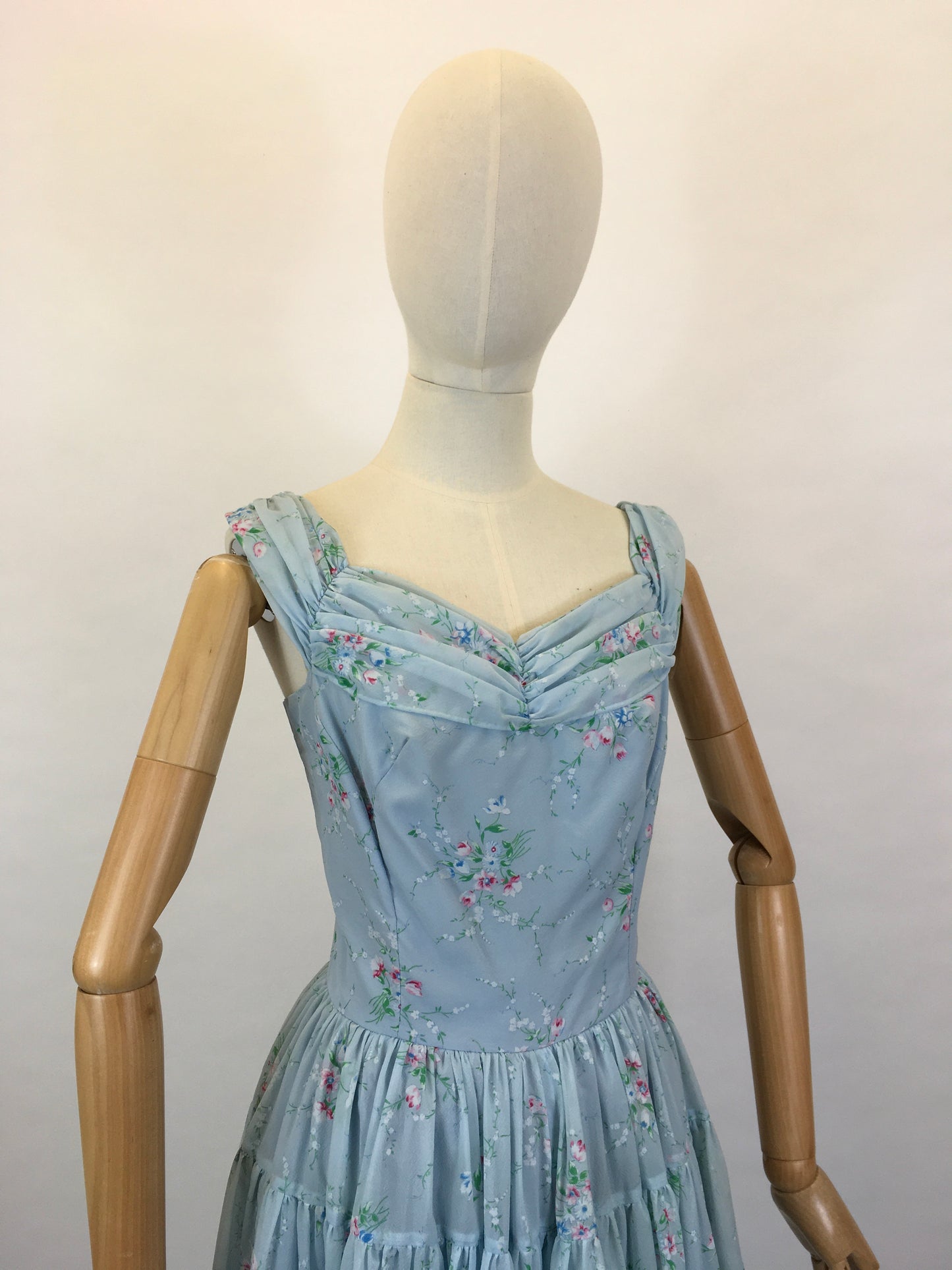 Original 1950’s Darling Full Length Prom Dress - In A Lovely Powder Blue Floral Tulle.