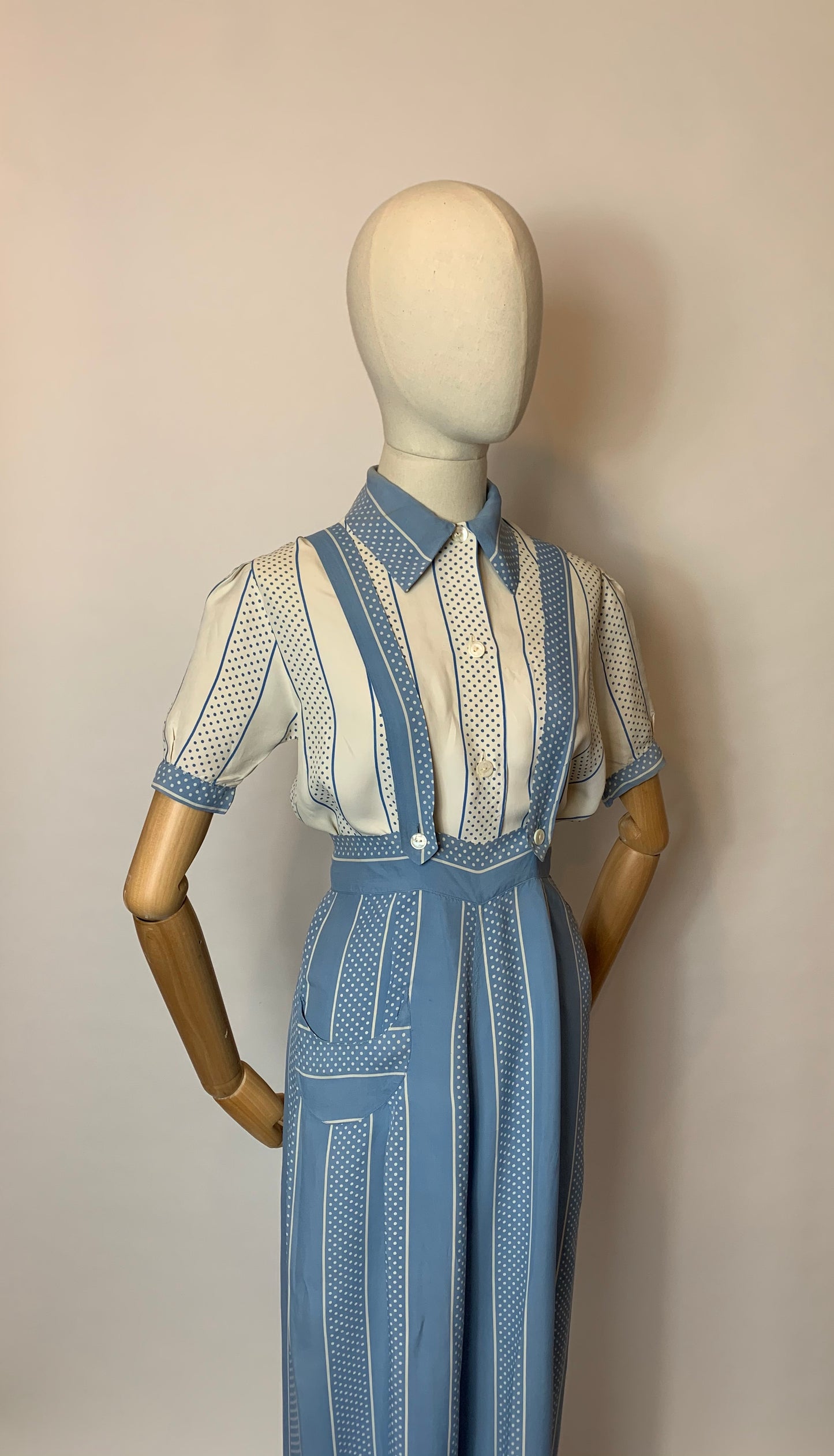 Original 1940’s 2 pc Blouse & Dungaree Set - In the Most Summery Of Colour Pallets with Polka Dots