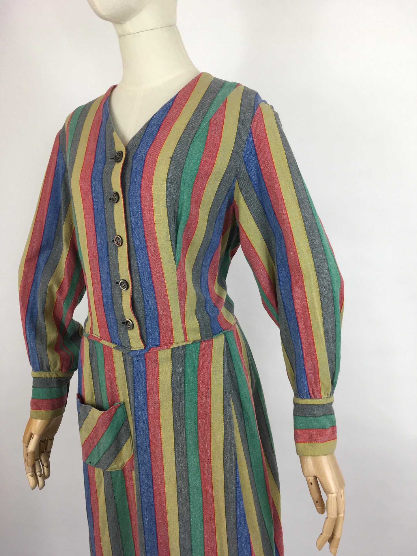 Original Late 1930s Day Dress - In a Fabulous Heavyweight Linen in a Rainbow Stripe with Contrast Chevron Pattern