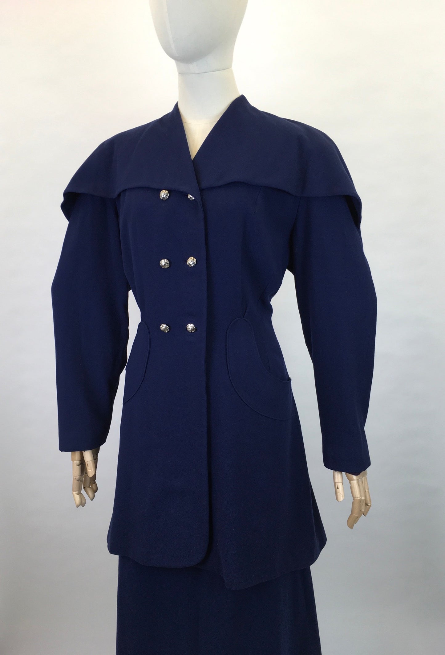 Original 1940s STUNNING Navy 2 pc Suit - With PHENOMENAL Long Line Silhouette and Cape Style Overlay