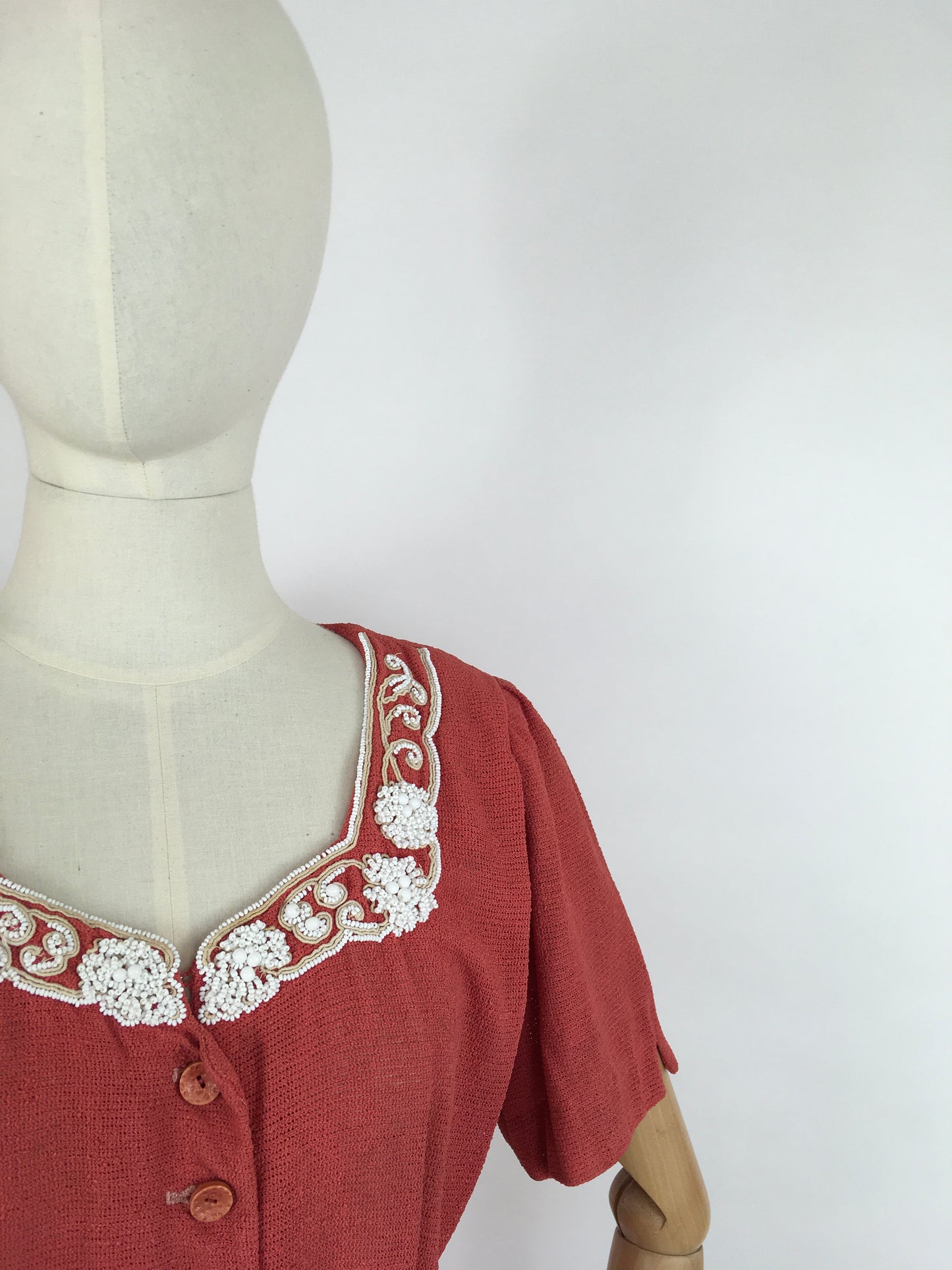 Original 1940’s Dress By ‘ Travelcraft by Sportscraft’ - In a Beautiful Deep Coral with White Floral Beadwork