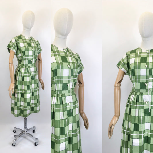 Original 1950's Darling Cotton Day Dress - In Shades of Green & White