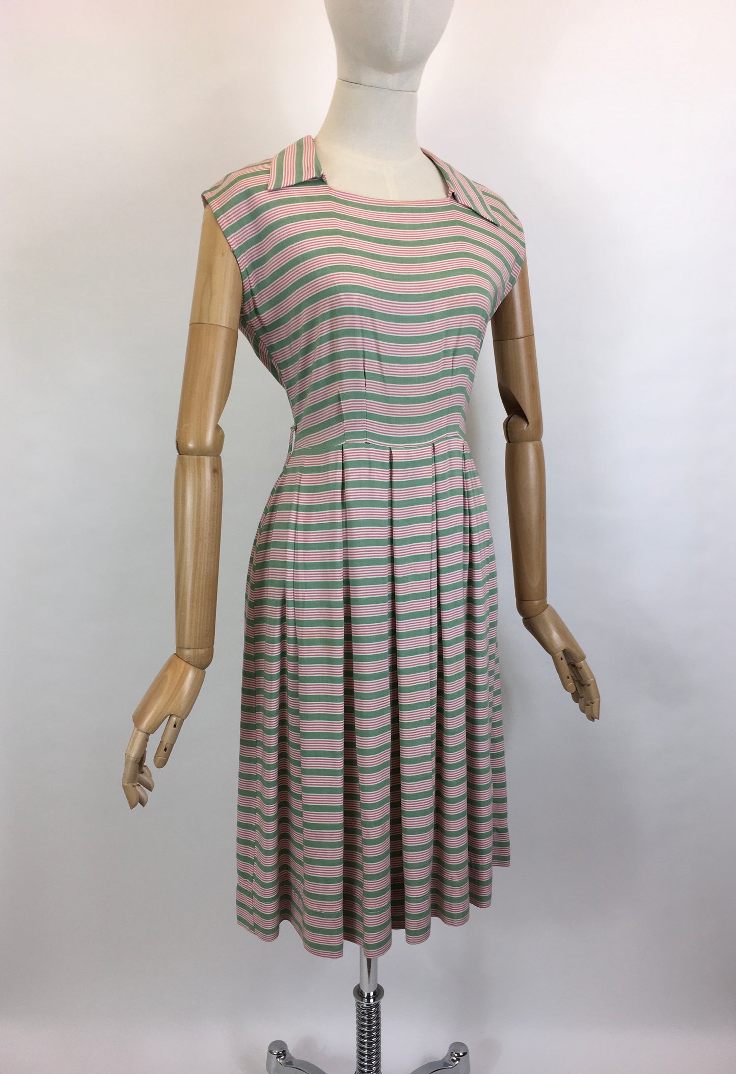 Original Late 1940’s Early 1950’s Cute Cotton Day Dress - In A Soft Cotton Stripe in Sage Green & Powdered Rose
