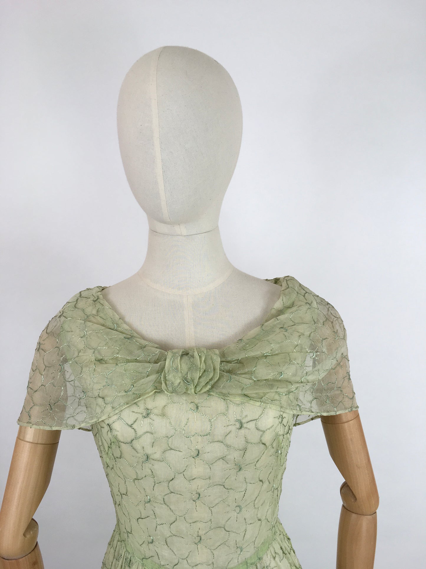 Original 1930s Full Length Summer Dress - In a Beautiful Soft Green Embroidered Cotton Lawn