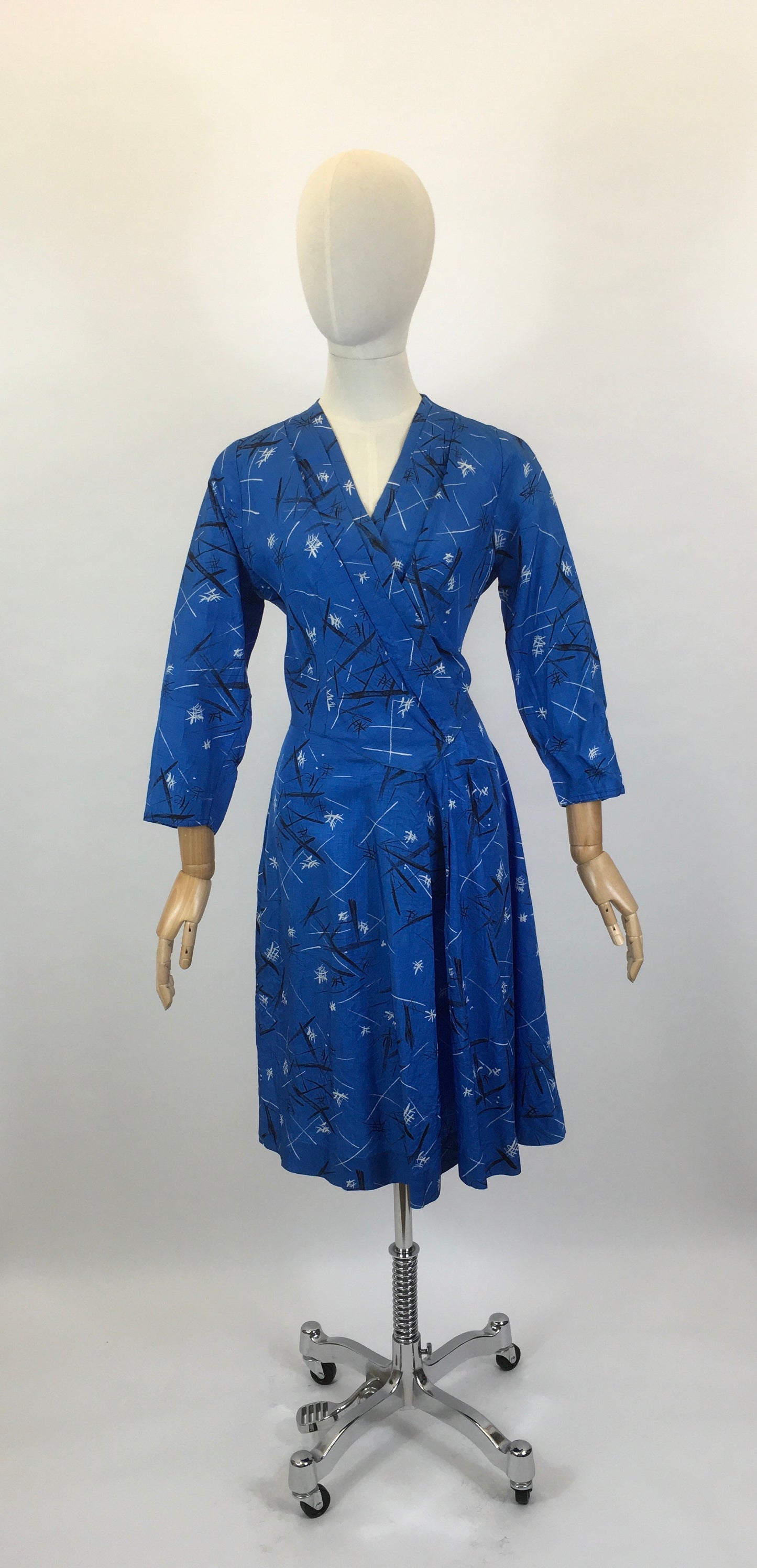 Original 1950’s Fabulous Blue Frock - In An Abstract Print Silk Sateen