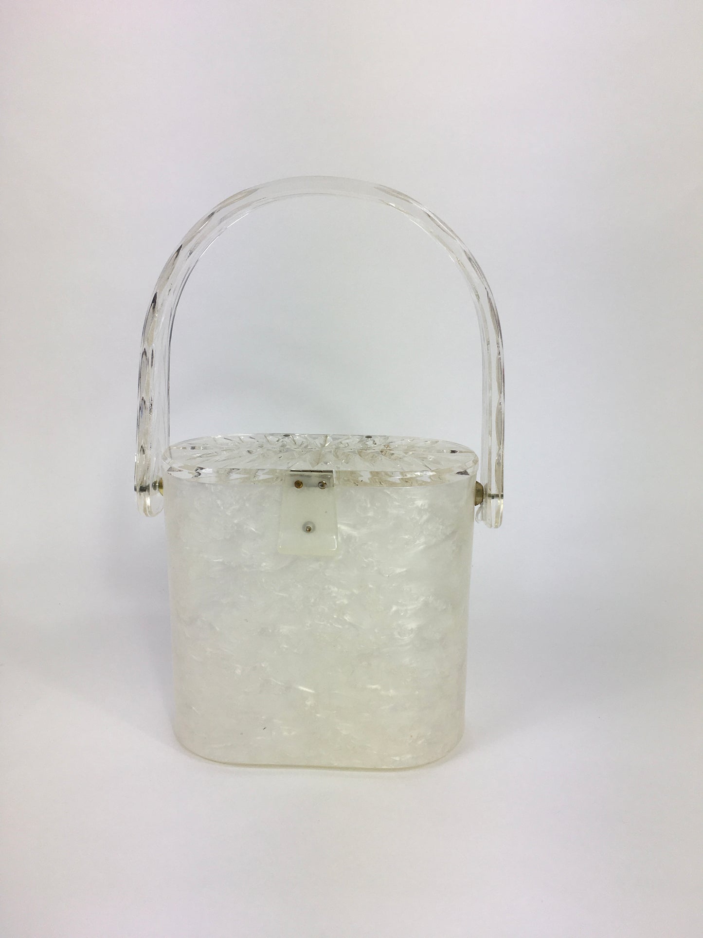 Original 1950s Lucite Handbag - White Marbled Base and Clear Leaf Design Lucite Lid and Handle