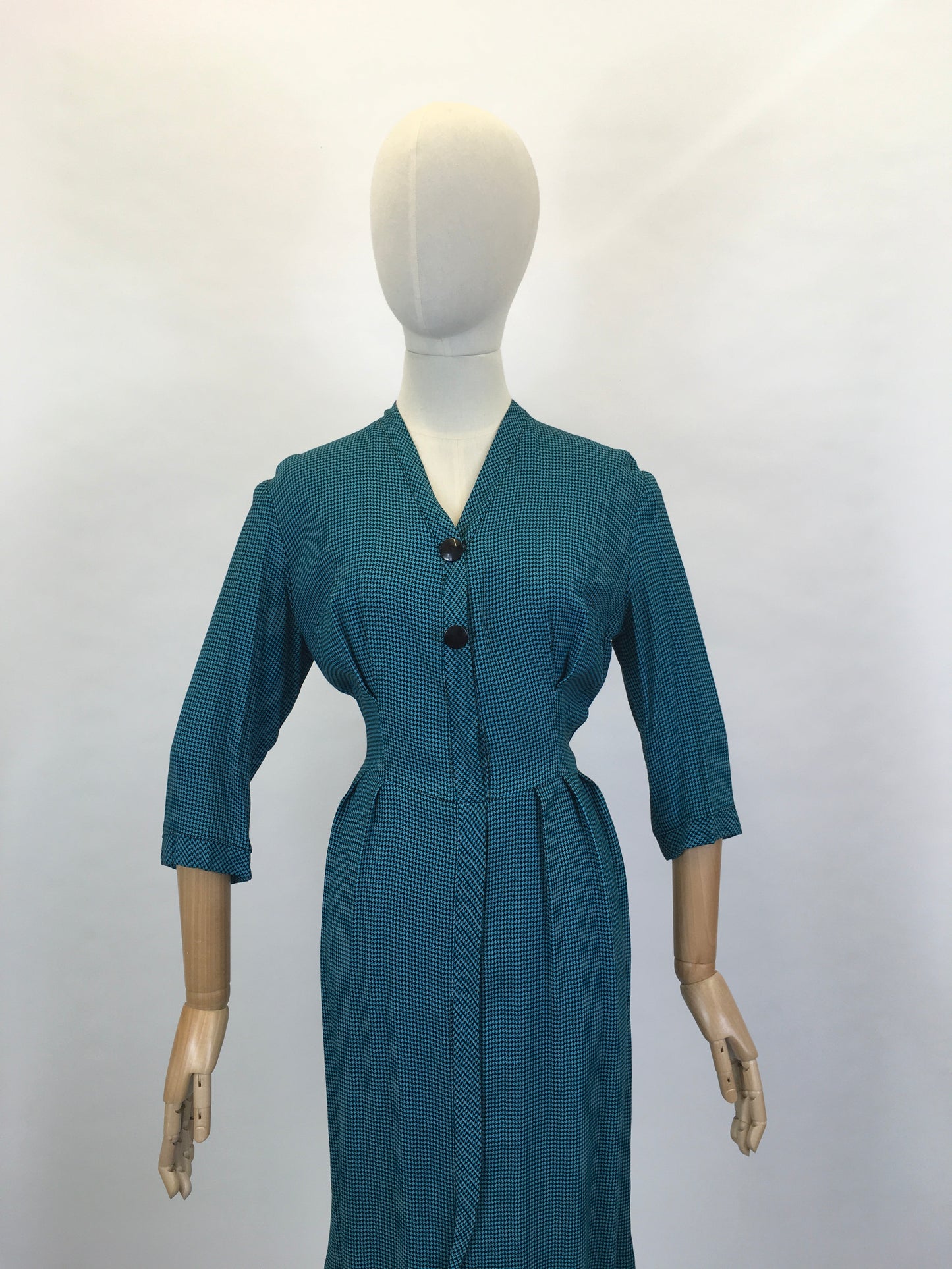 Original Early 1950’s Fabulous Day Dress - In A Lovely Deep Teal Dogtooth Cotton