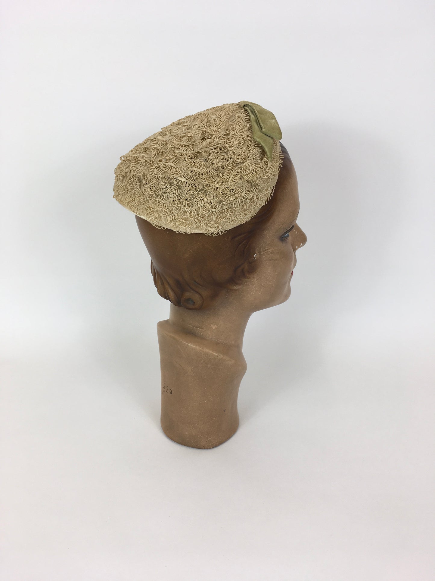 Original 1950’s Darling Headpiece - In A Soft Straw Colour with Contrast Rich Green Velvet Bow Detailing