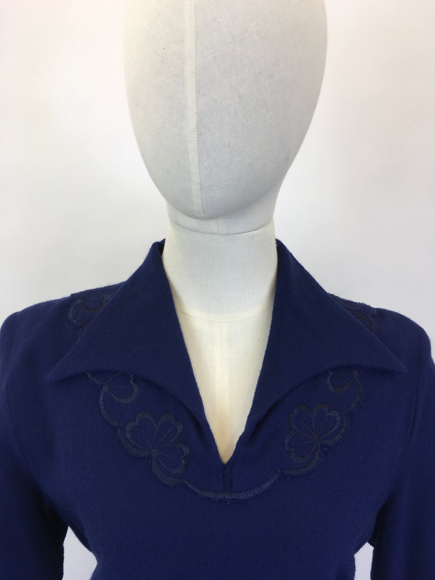 Original 1940's Sensational CC41 Utility Wool Dress - In A Royal Blue with Floral Embellishment