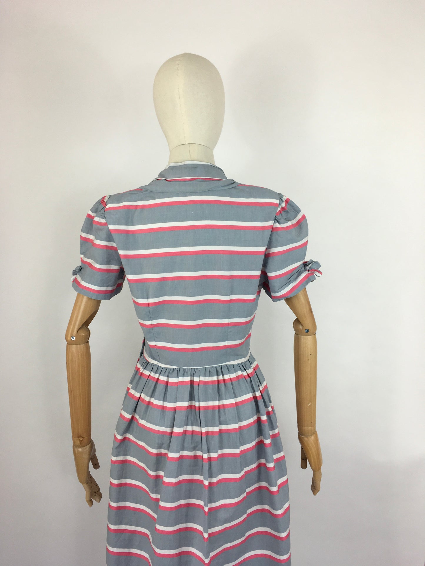 Original Early 1940s Cotton Day Dress - Lovely Stripe In Soft Greys, Bright Pinks and White
