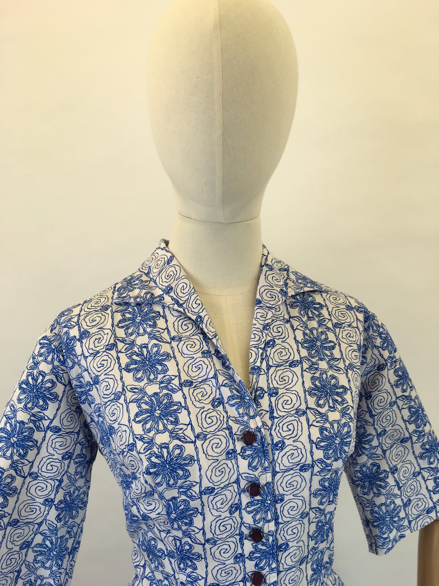Original 1950s Cotton Day Dress - In a Lovely Cobalt Blue and White Scribble Fabric
