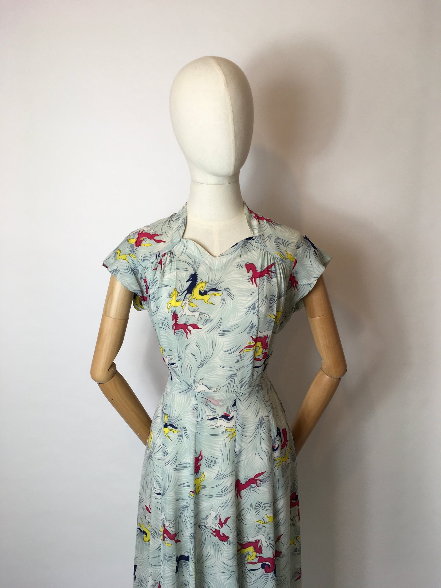 Original 1940’s Dancing Horses Print Dress - In a lovely Sheer Rayon Fabric