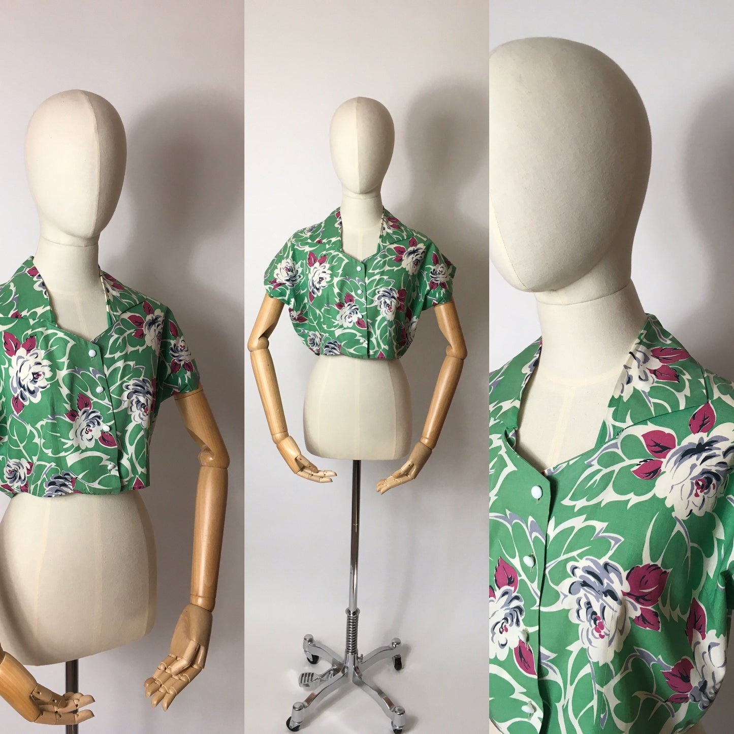Original 1950s Cotton Jacket / Blouse - In a lovely Green with Ivory and Purple Floral