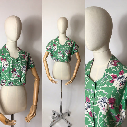 Original 1950s Cotton Jacket / Blouse - In a lovely Green with Ivory and Purple Floral