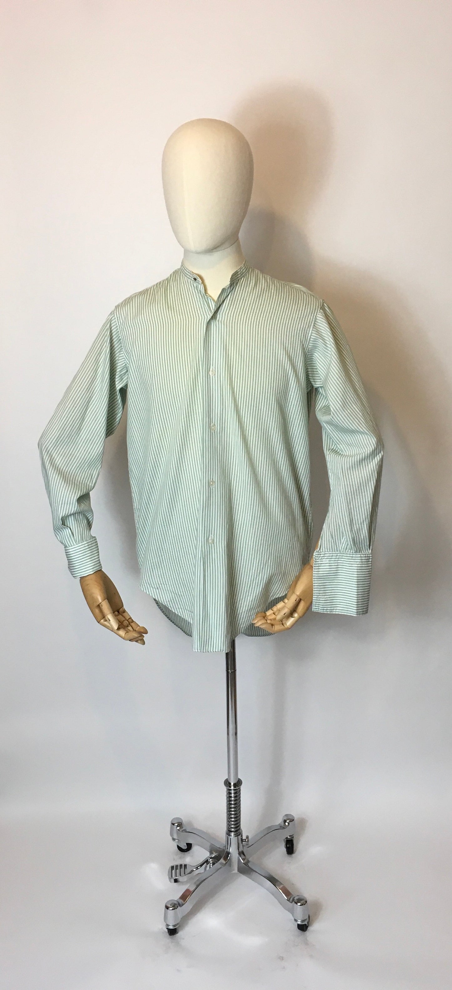 Original Gents Collarless Shirt with Double Cuff - In a Lovely Green and White Stripe