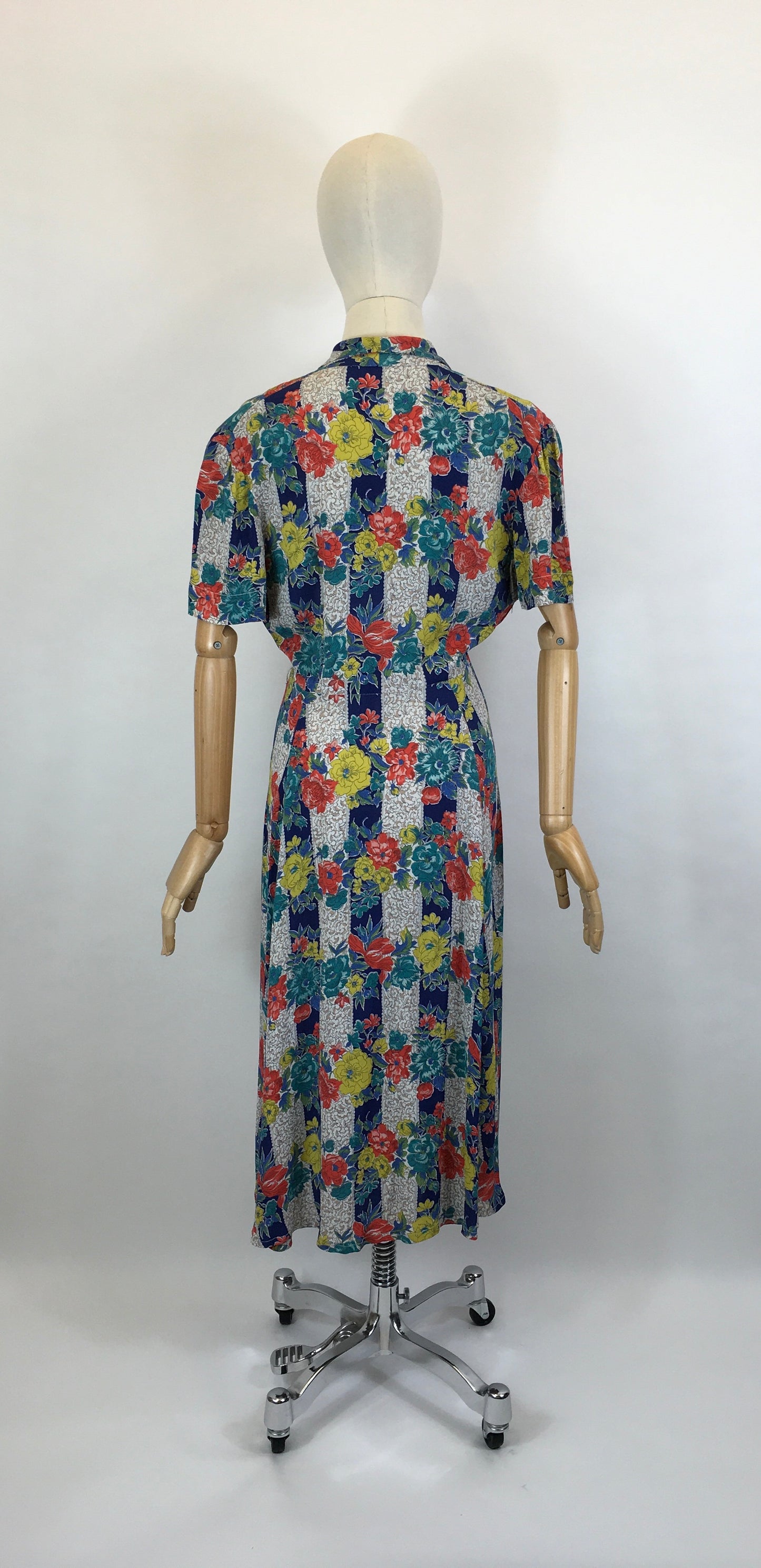 Original 1940’s STUNNING Fine Crepe Day Dress - Floral Brights in Reds, Blues, Chartreuse, Peacock and Fawns
