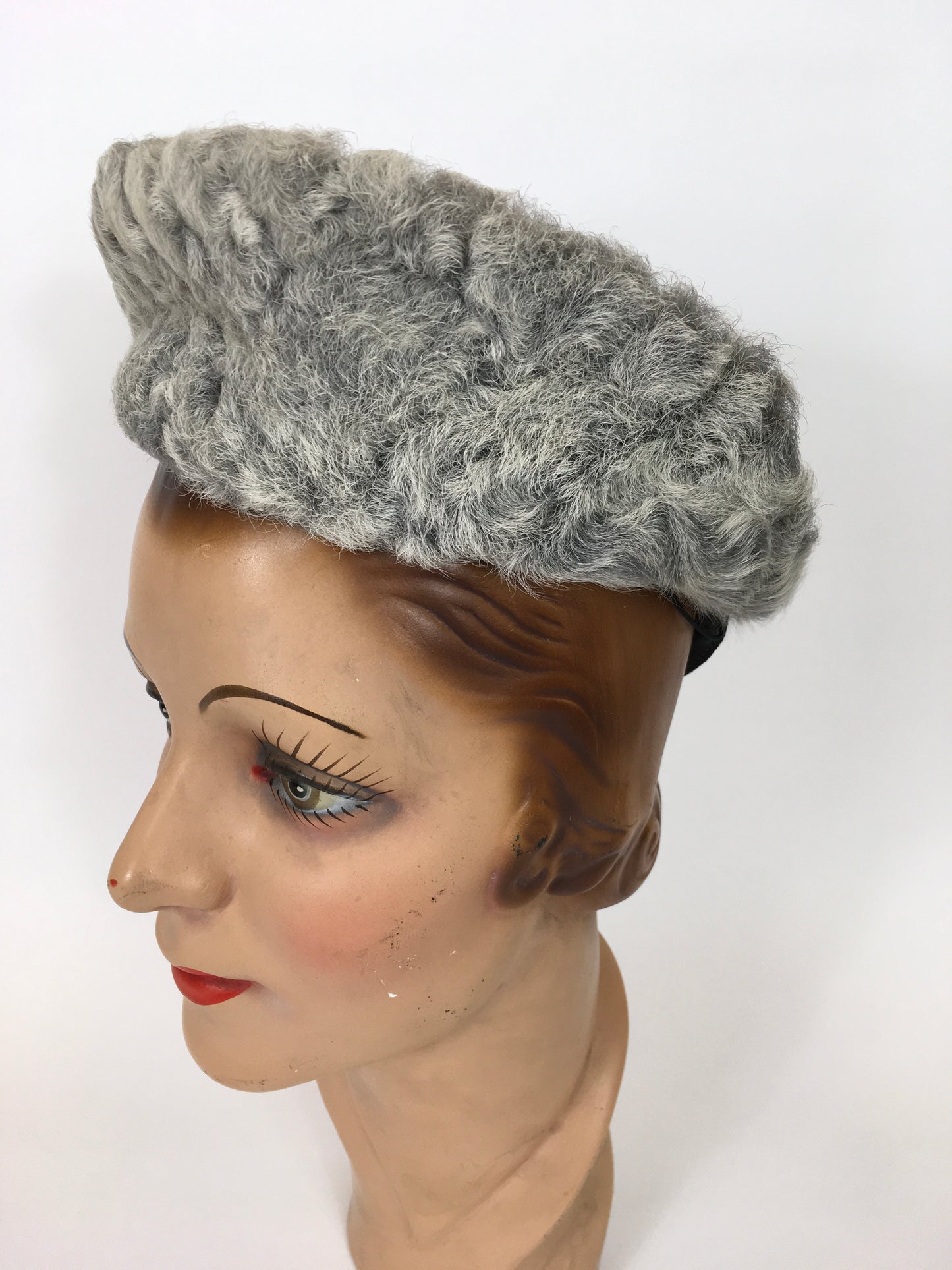 Original 1940s Beautiful Tilt Hat - In A Soft Icy Grey With Grey Astrakhan Trim