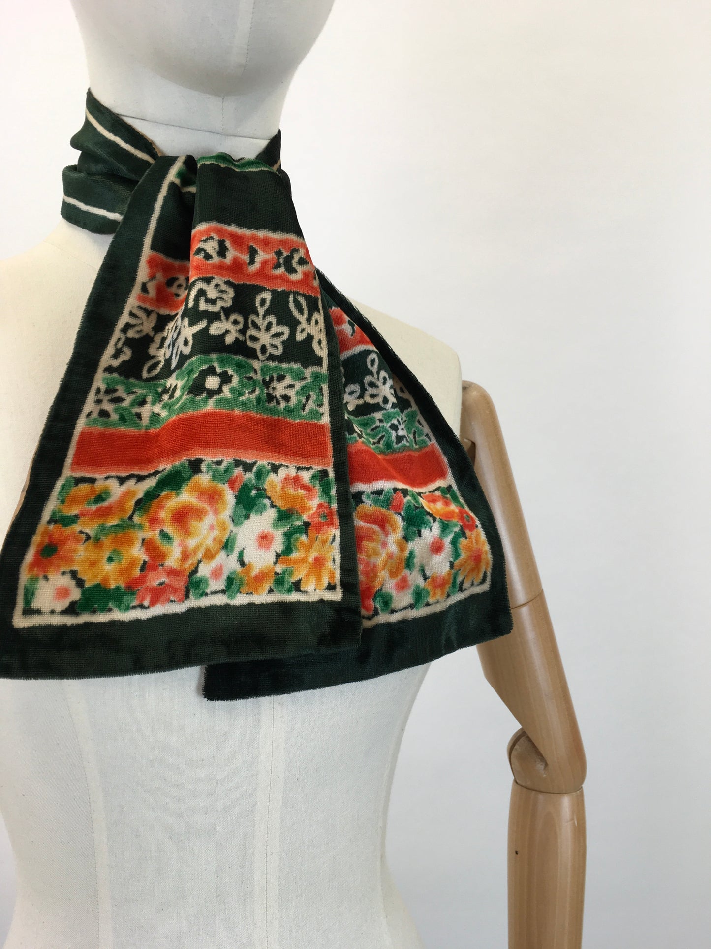 Original 1930's Sublime Velvet Deco Scarf - In Autumnal Florals and Brights