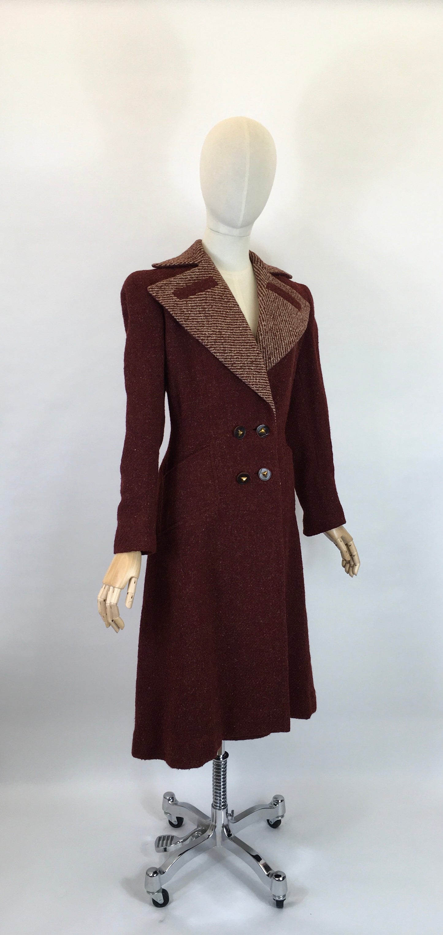 Original 1940’s STUNNING Deep Wine Woollen Coat - With An Impeccable 40’s Silhouette & Detailing