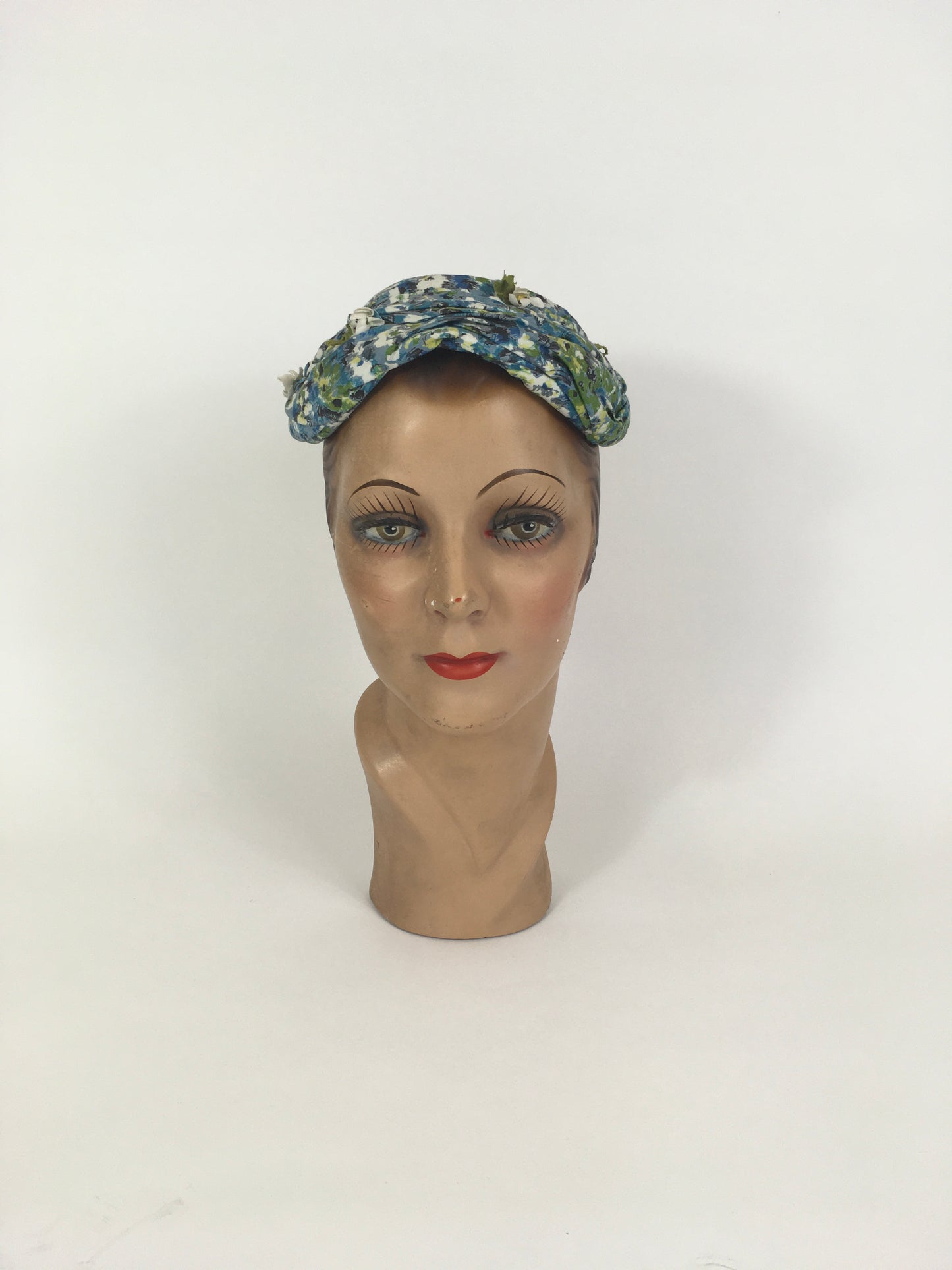 Original 1950’s Darling Floral Headpiece With Flora & Velvet Trim - In Blues, Greens & Ivory