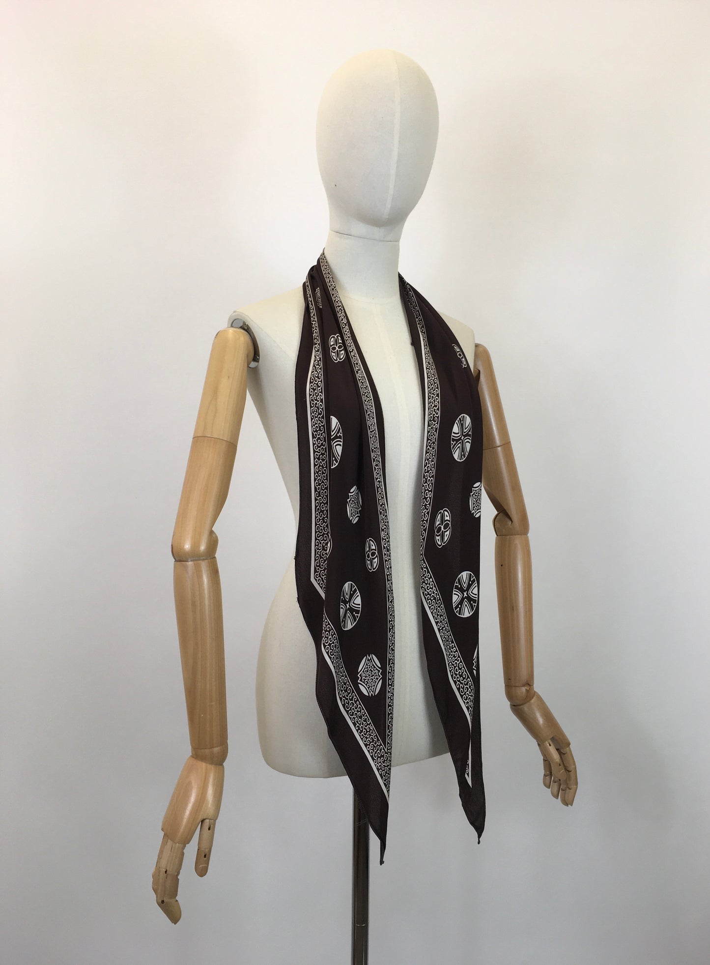Original 1930's / 1940's Rayon Silk Deco Scarf - In A Chocolate Brown and Off White
