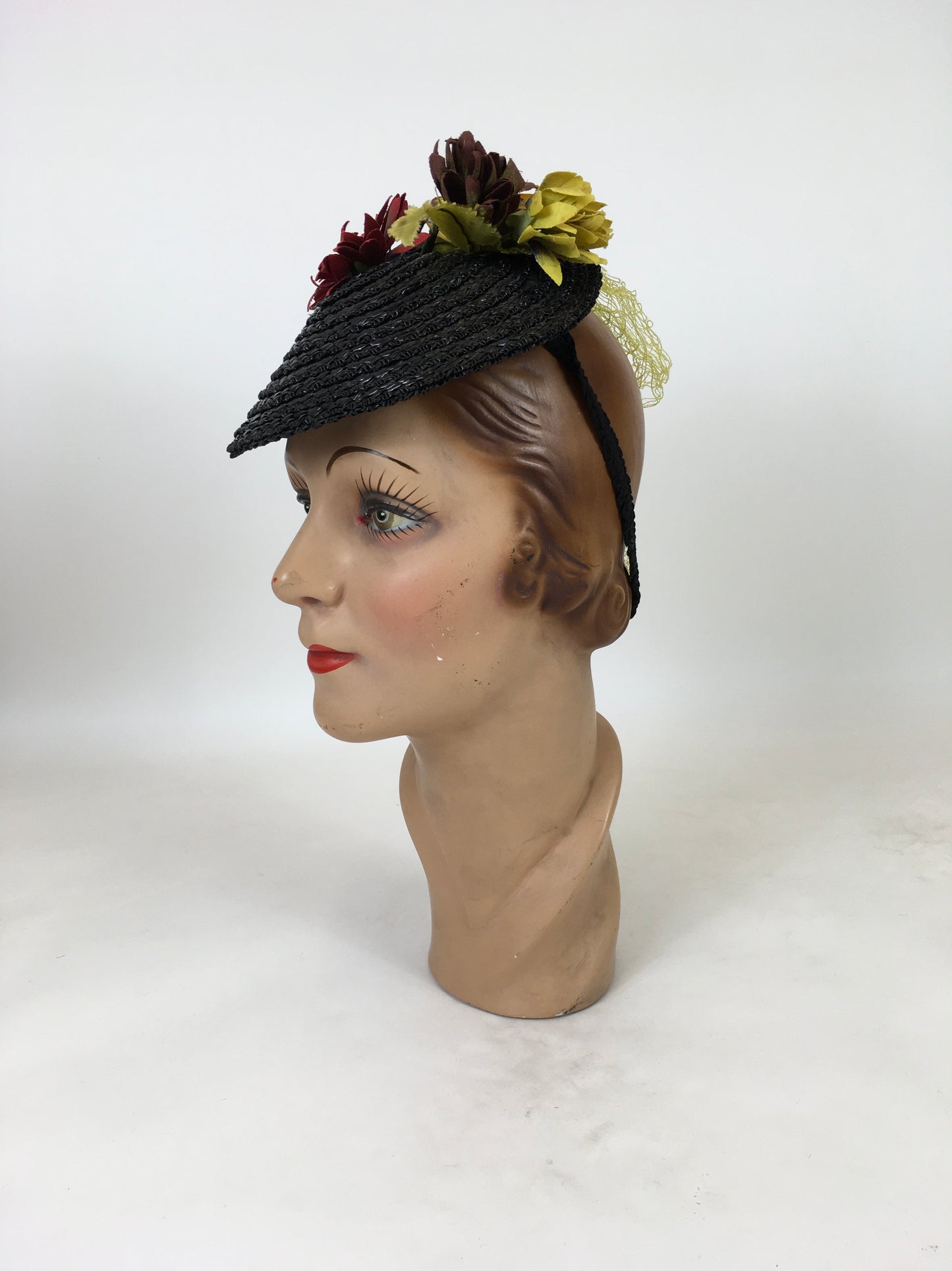 Original 1940's Fabulous Black Topper Tilt Hat - With Pops Of Chartreuse, Red, Lilac & Amber