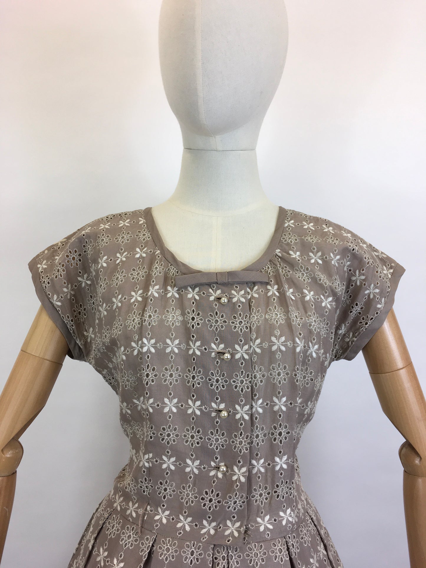 Original 1950’s Darling Broderie Anglaise Cotton Day Dress - In a Soft Fawn with White Accents