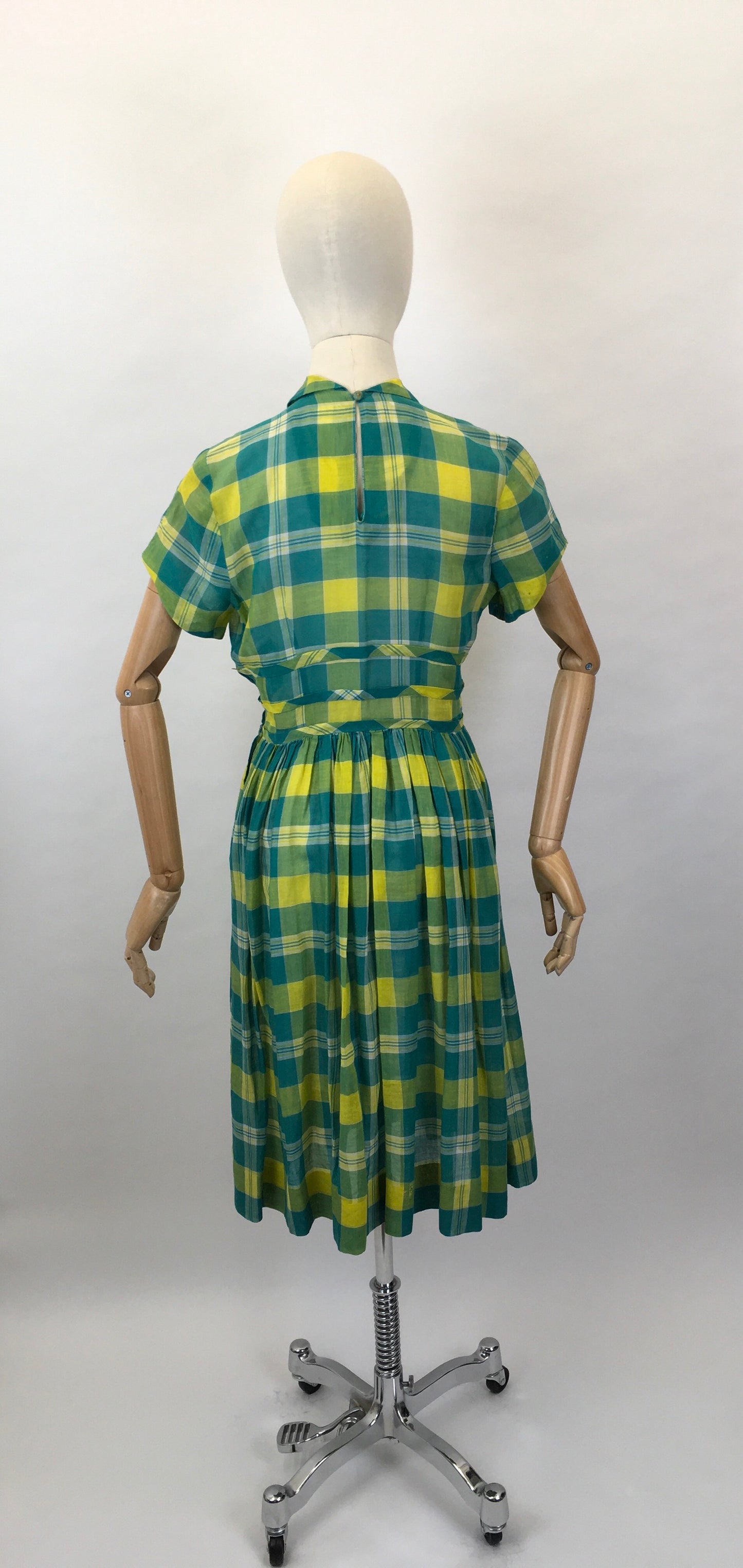 Original Early 1950s Cotton Lawn Day Dress - In a Beautiful Vivid Green and Yellow Plaid