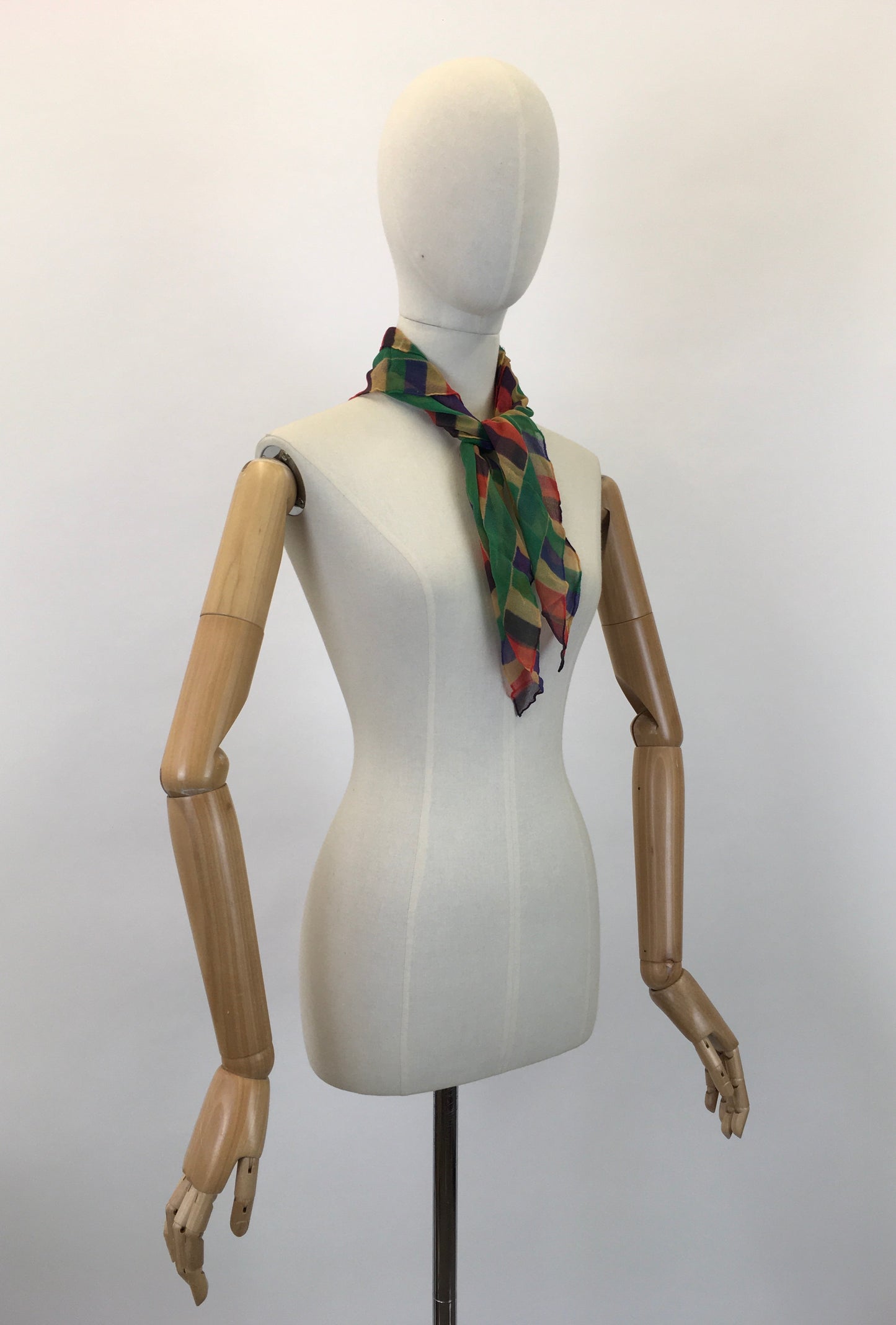 Original 1930's Exquisite Rainbow Chiffon Scarf - In Autumnal Brights of Burnt Orange, Green, Yellow and Blue