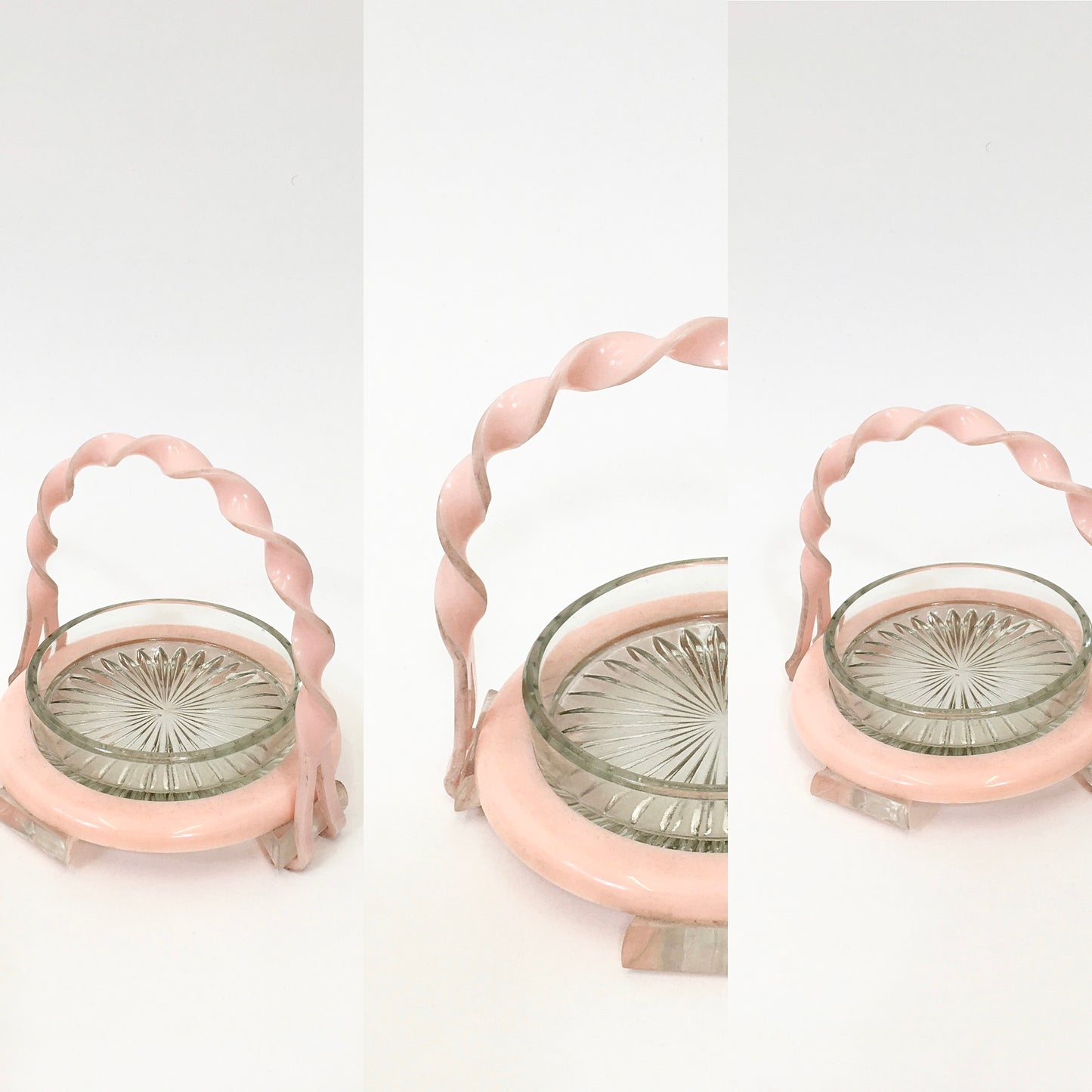 Original 1940's / 1950's Fabulous Lucite and Glass Trinket Dish - With Twisted Handle in Pastel Pink