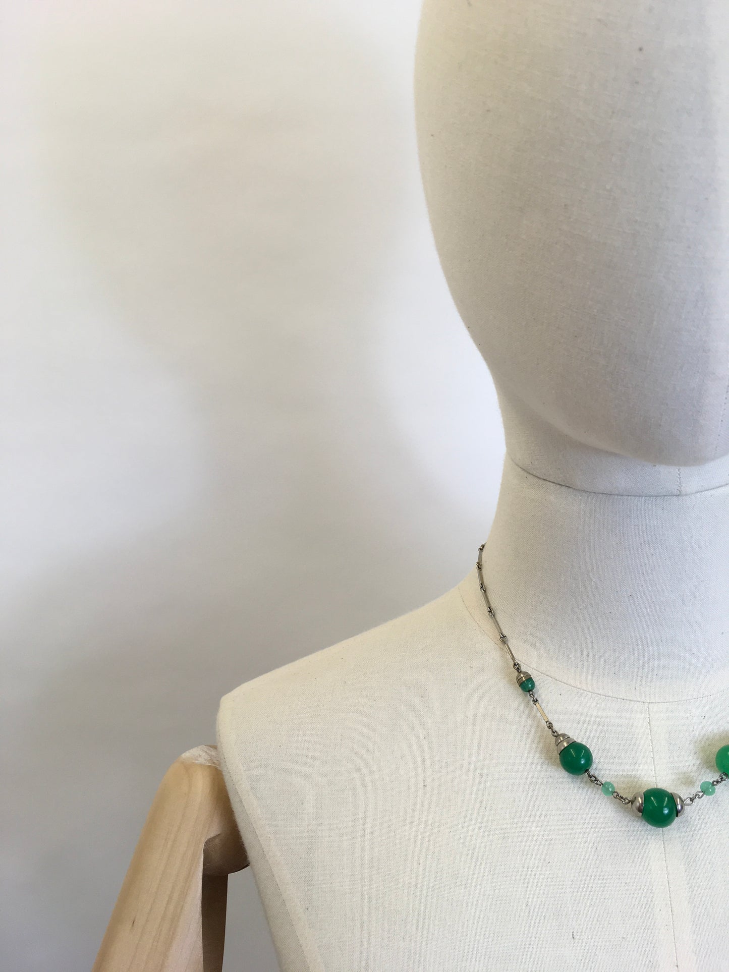 Original 1930’s Necklace - With Bottle  Green Glass Beads