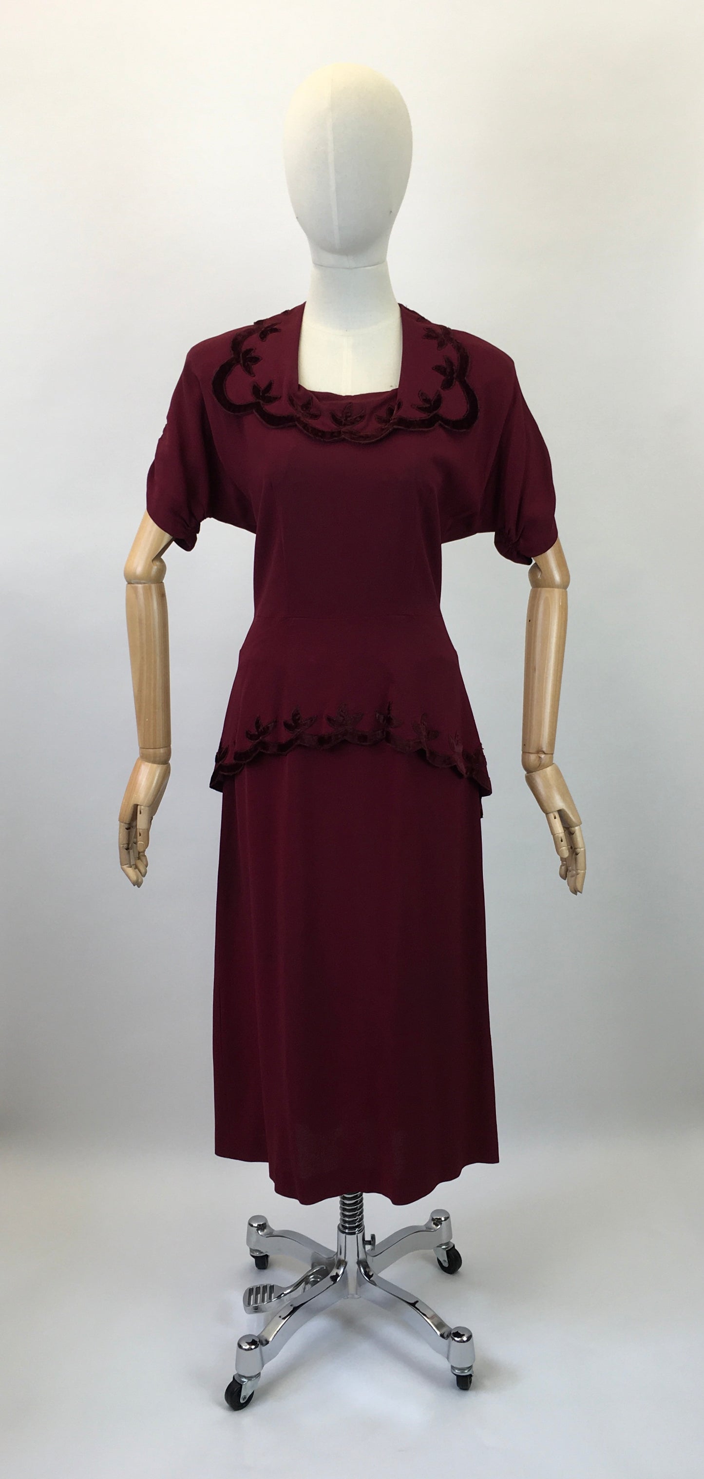 Original 1940's Sensational Cocktail Dress ' Styled By Adrian' - In Deep Wine with Velvet Trims