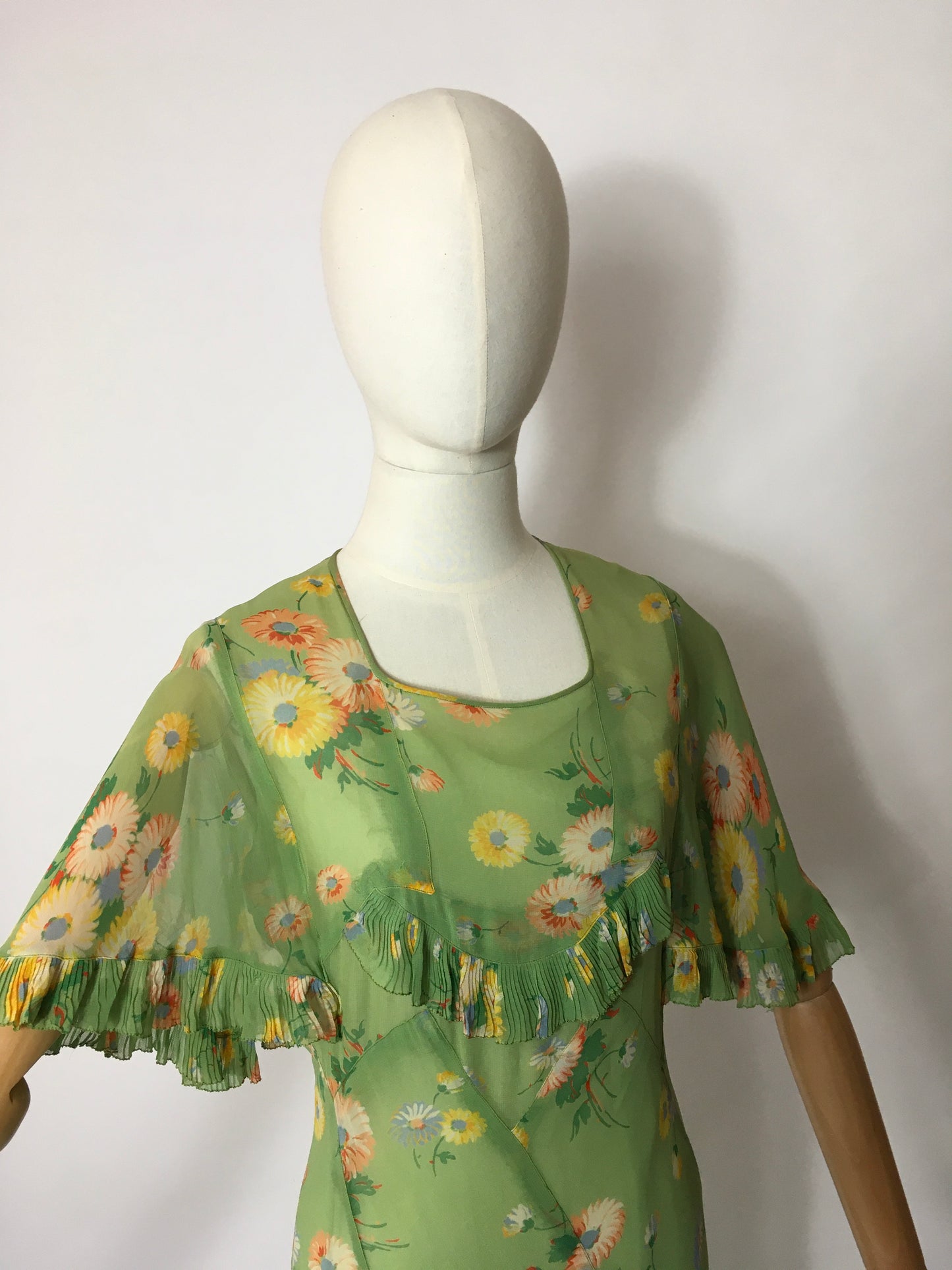 Original 1930’s Bias Cut Gown In An Exquisite Colour Pallet of Deco Green, soft blues, oranges and yellows - A Festival Of Vintage Fashion Show Exclusive