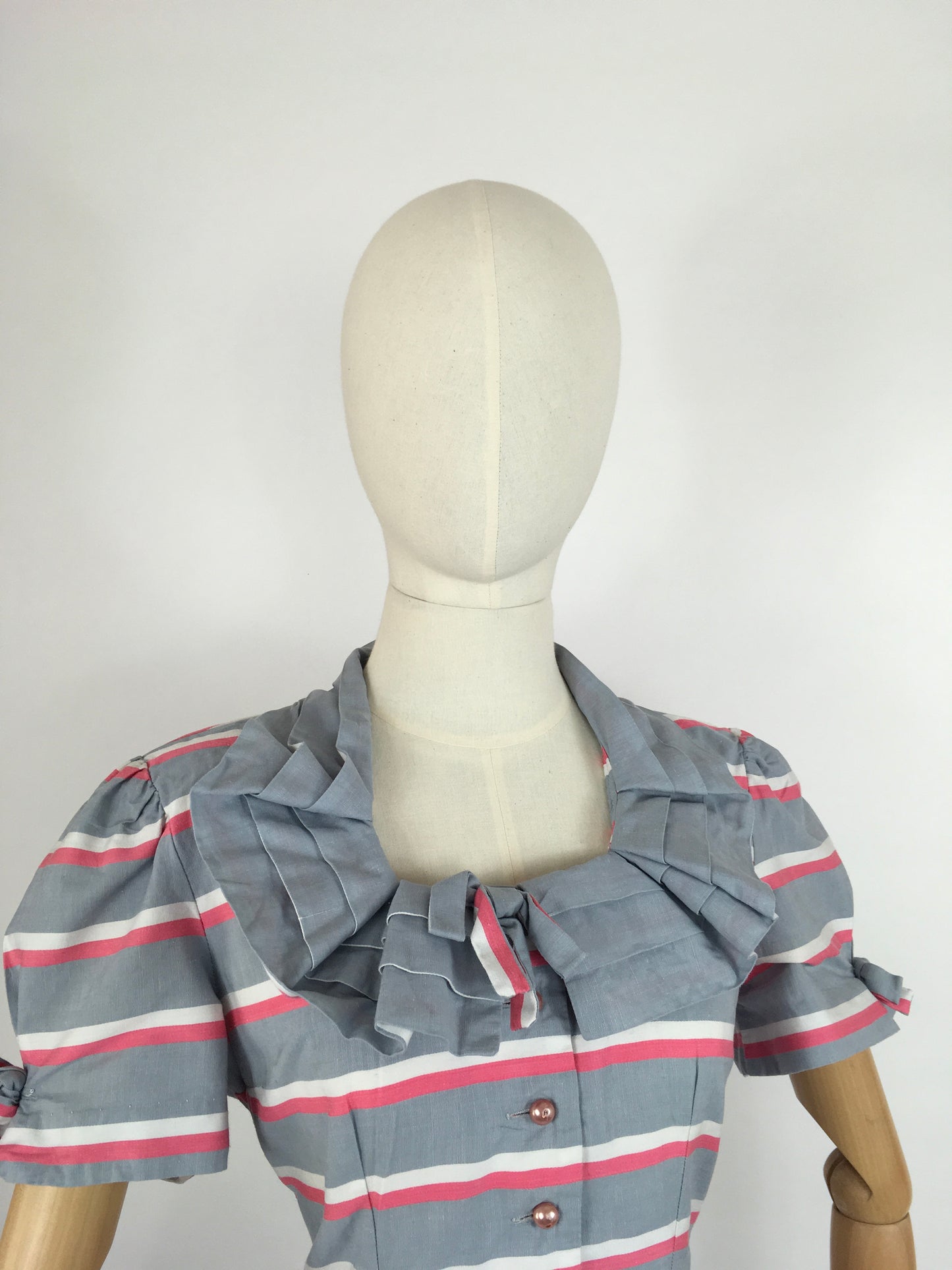 Original Early 1940s Cotton Day Dress - Lovely Stripe In Soft Greys, Bright Pinks and White