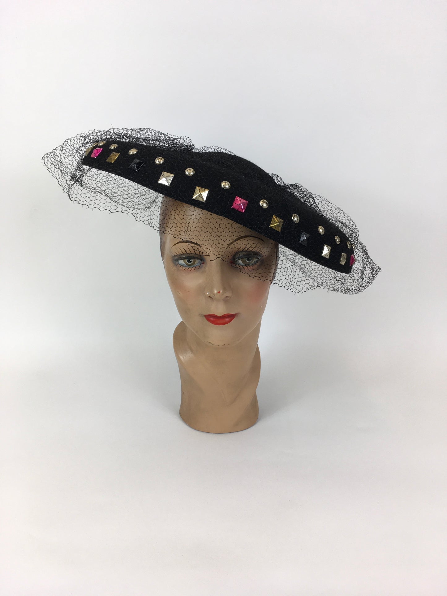 Original 1940’s SHOWSTOPPING Black Platter Hat - With Coloured Stud Work Detailing & Veiling