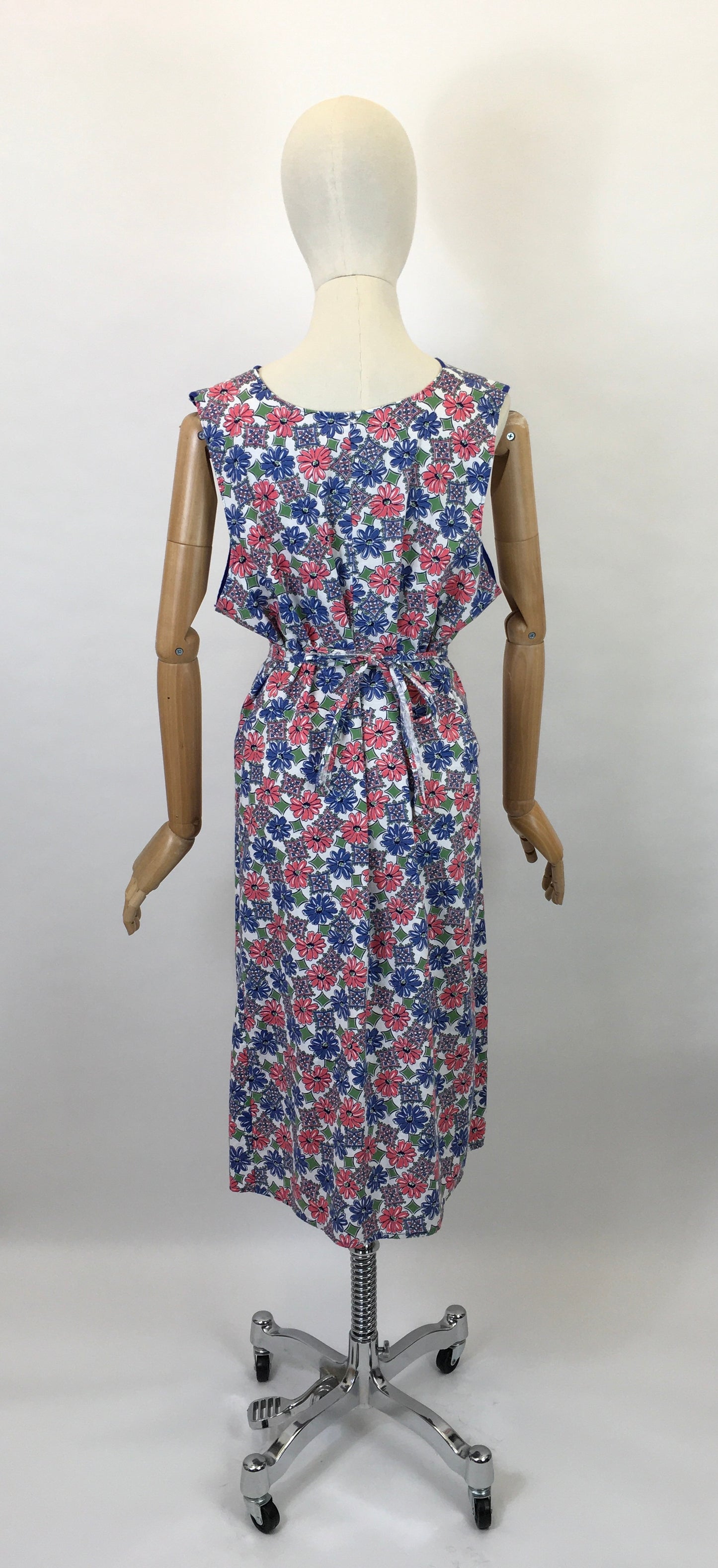 Original 1940’s Beautiful Floral Cotton Full Pinny - In Blues, Soft Pinks and Greens
