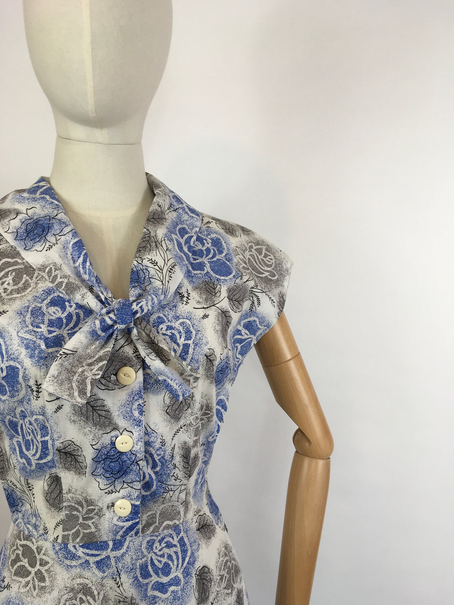 Original late 1940s Floral Dress - In A Crisp Cotton in Soft Greys, Charcoals and Blues