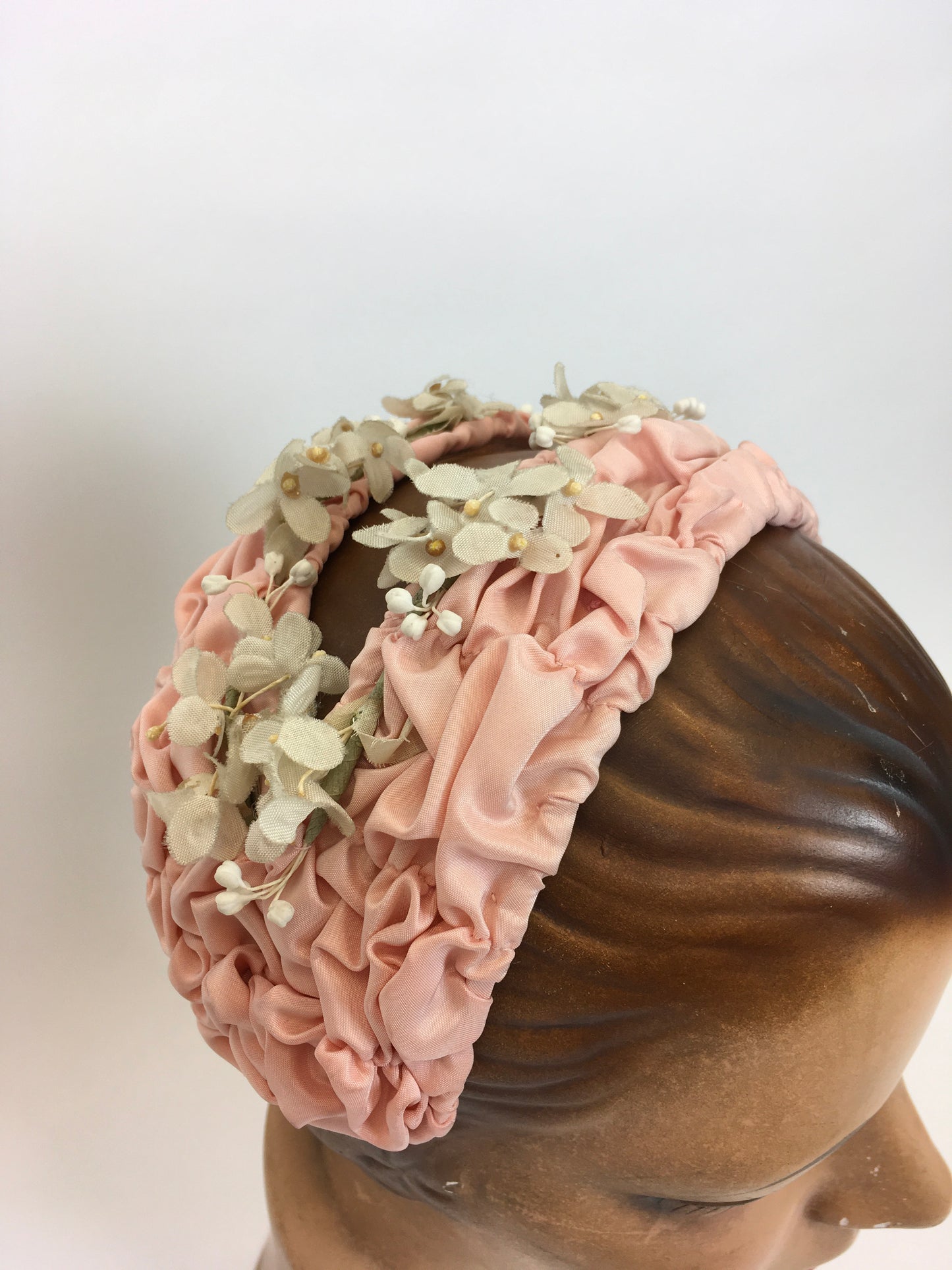Original 1950s Pink Ruched Headpiece - Adorned with Beautiful Delicate Ivory Florals
