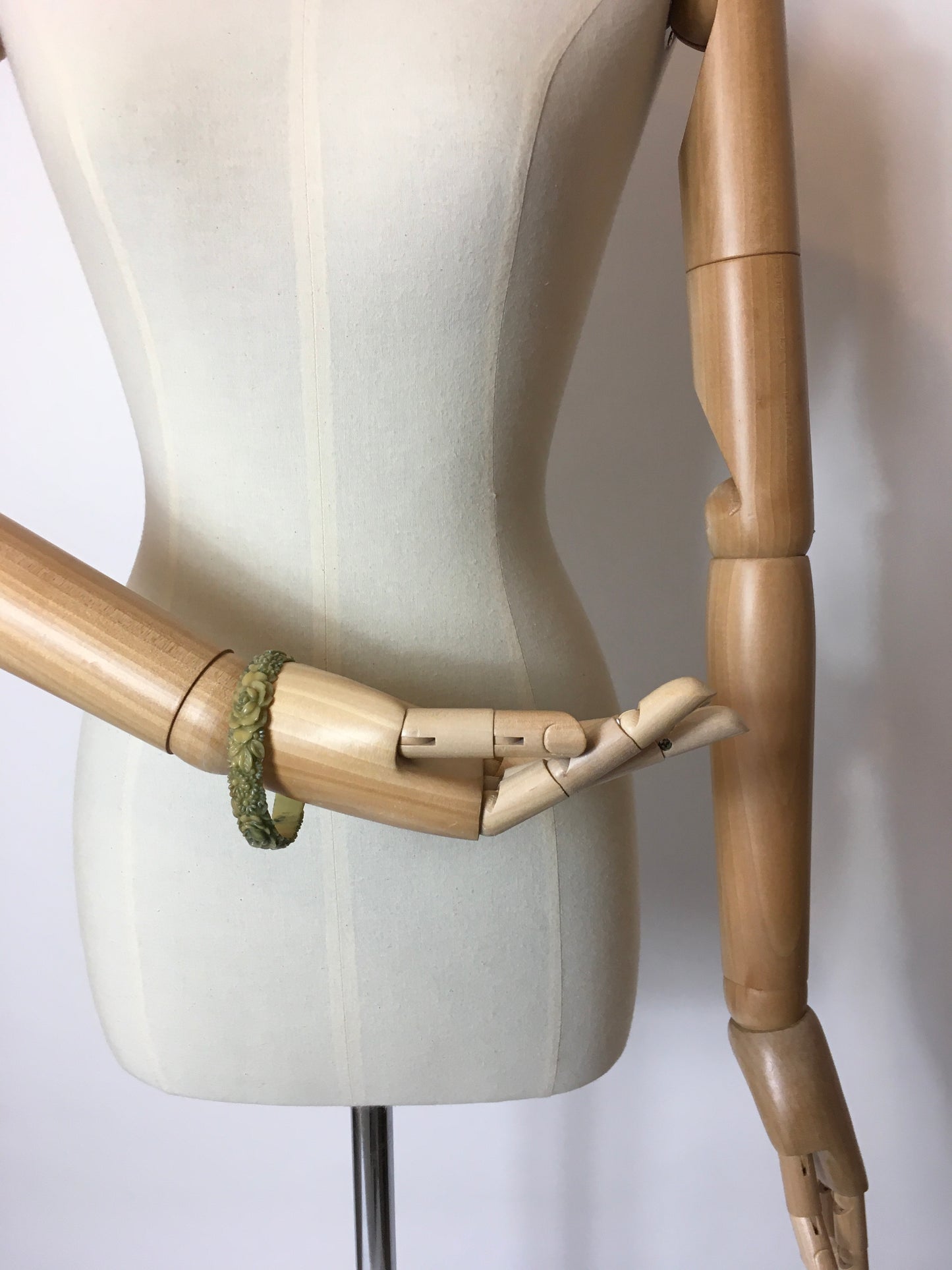 Original 1930’s Carved Floral Celluloid Bangle in Green / Cream - Festival of Vintage Fashion Show Exclusive