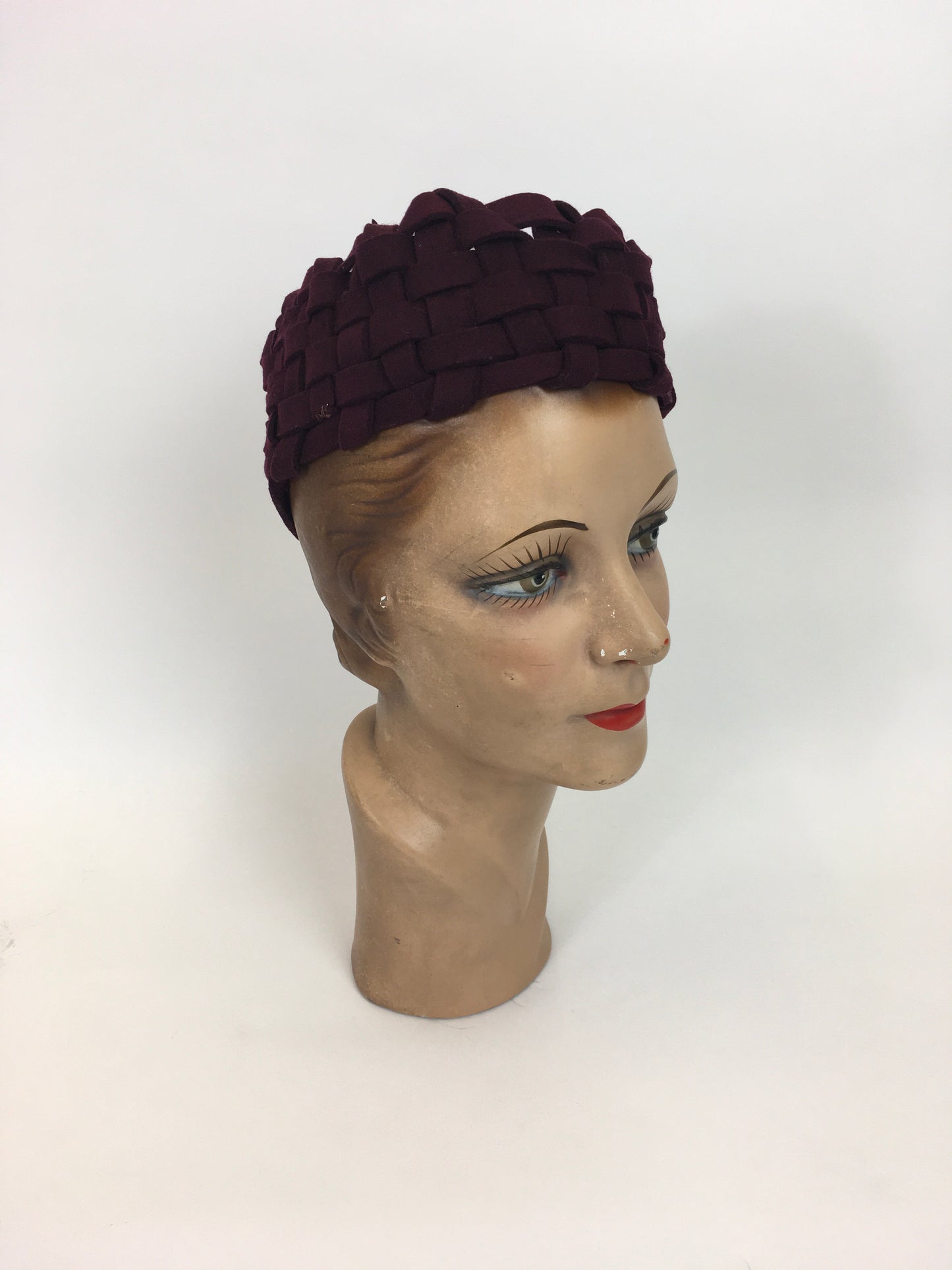 Original 1940s Deep Burgundy Felt Topper Hat - With Stunning Lattice Work Detailing