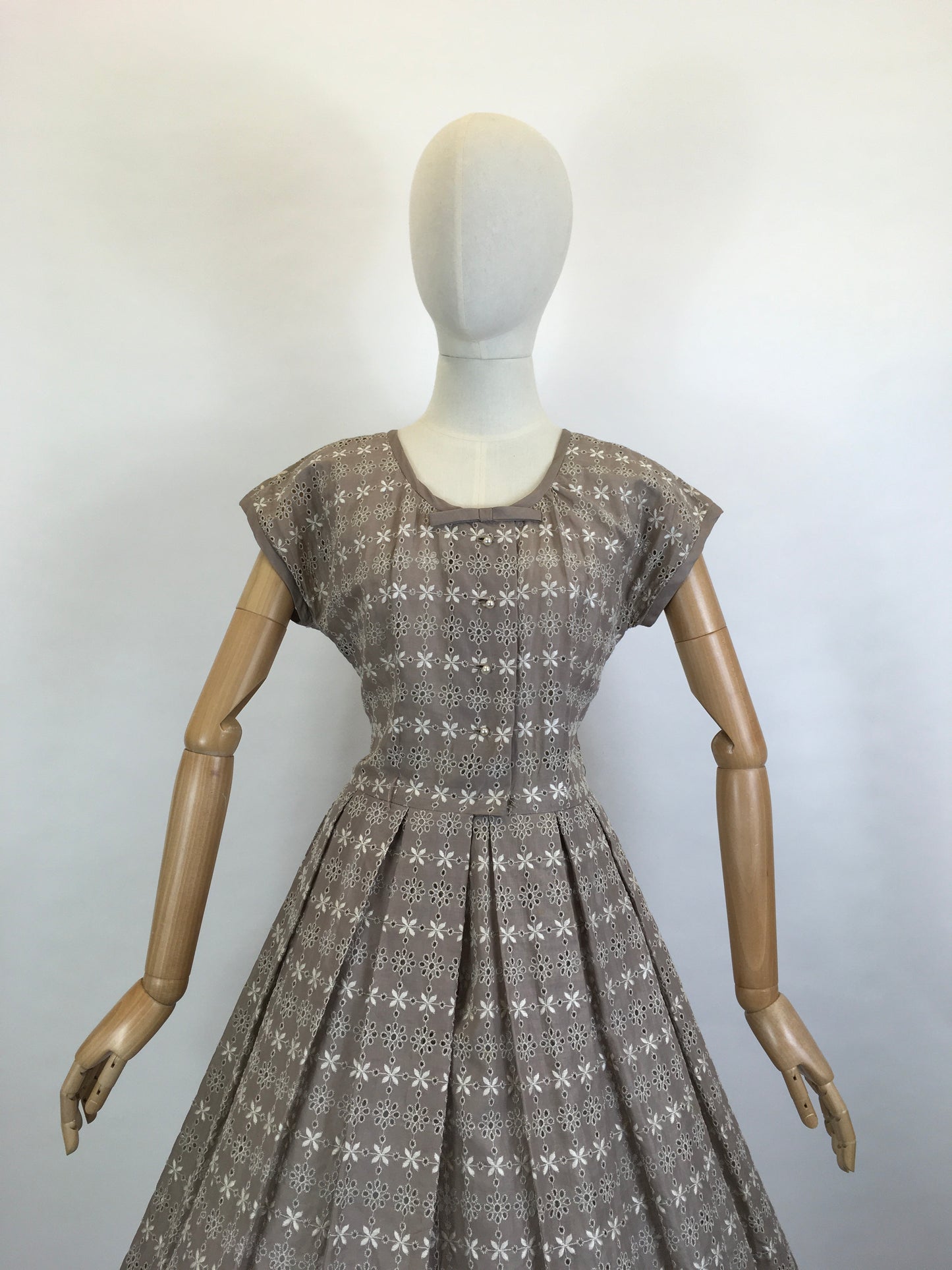 Original 1950’s Darling Broderie Anglaise Cotton Day Dress - In a Soft Fawn with White Accents