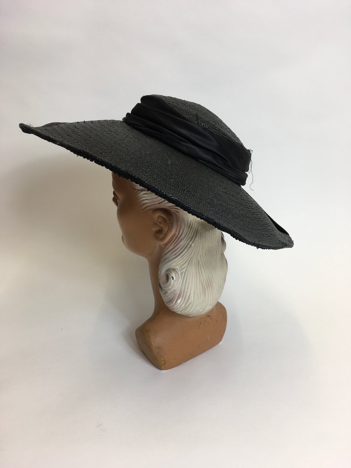 Original 1940’s Black Saucer Hat - ‘ Made In France ‘ With Black Satin Bow Ribboning
