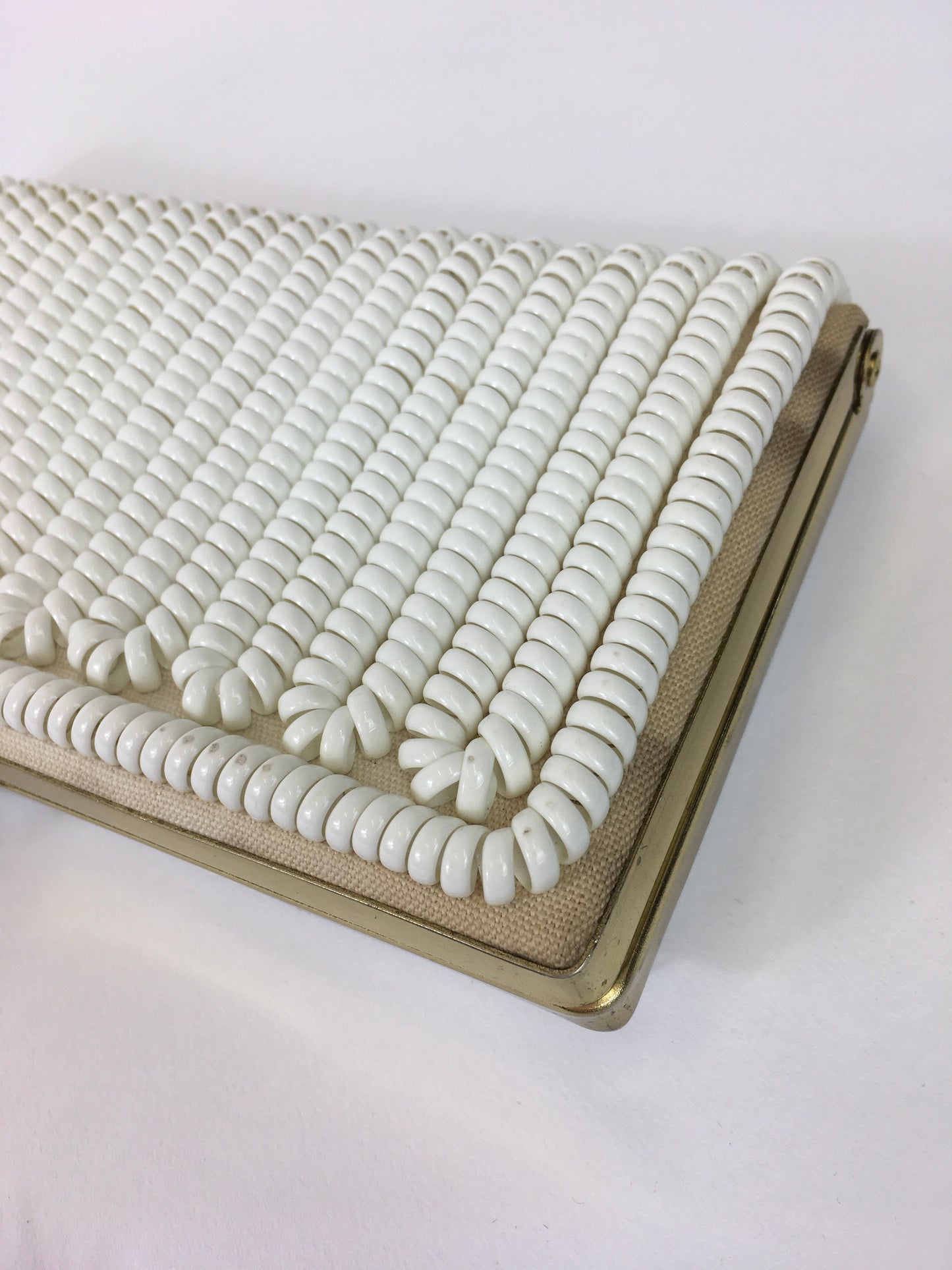 Original 1950s STUNNING White Telephone Cord Clutch Bag - Lovely Gold Frame Detailing